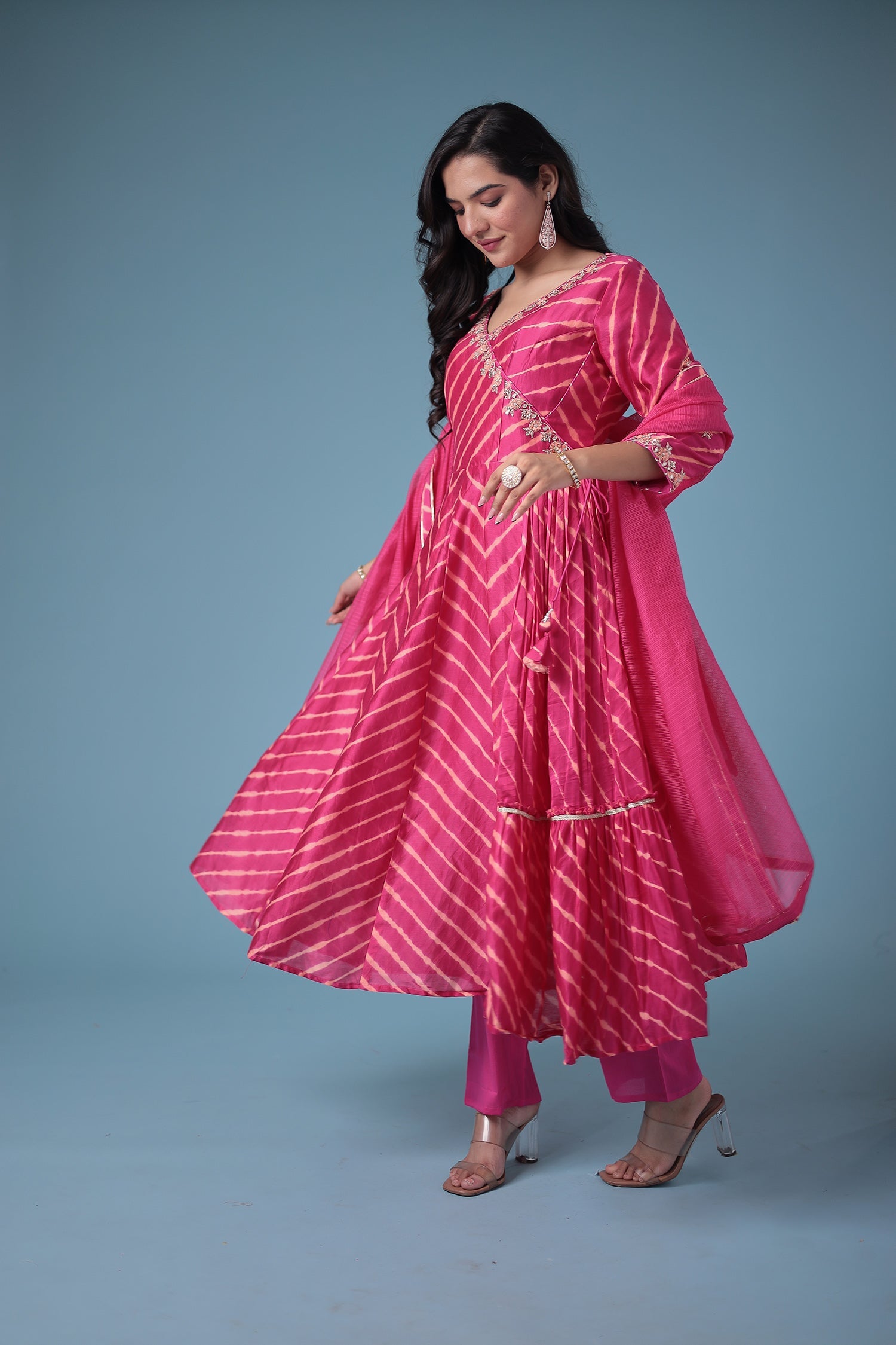 Embroidered Leheriya Chanderi Suit with Gota Patti work.