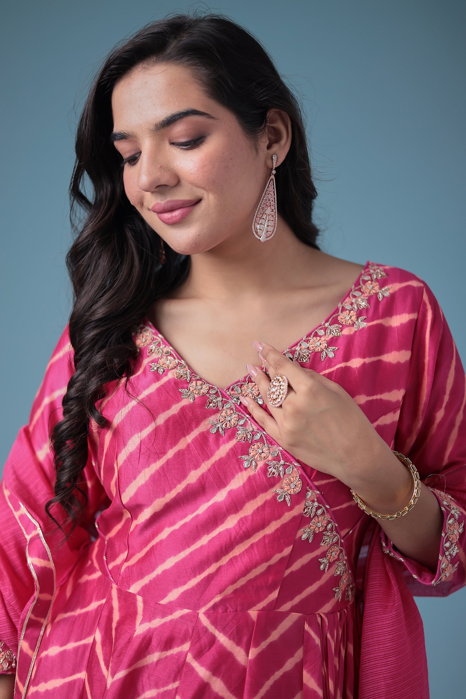 Embroidered Leheriya Chanderi Suit with Gota Patti work.