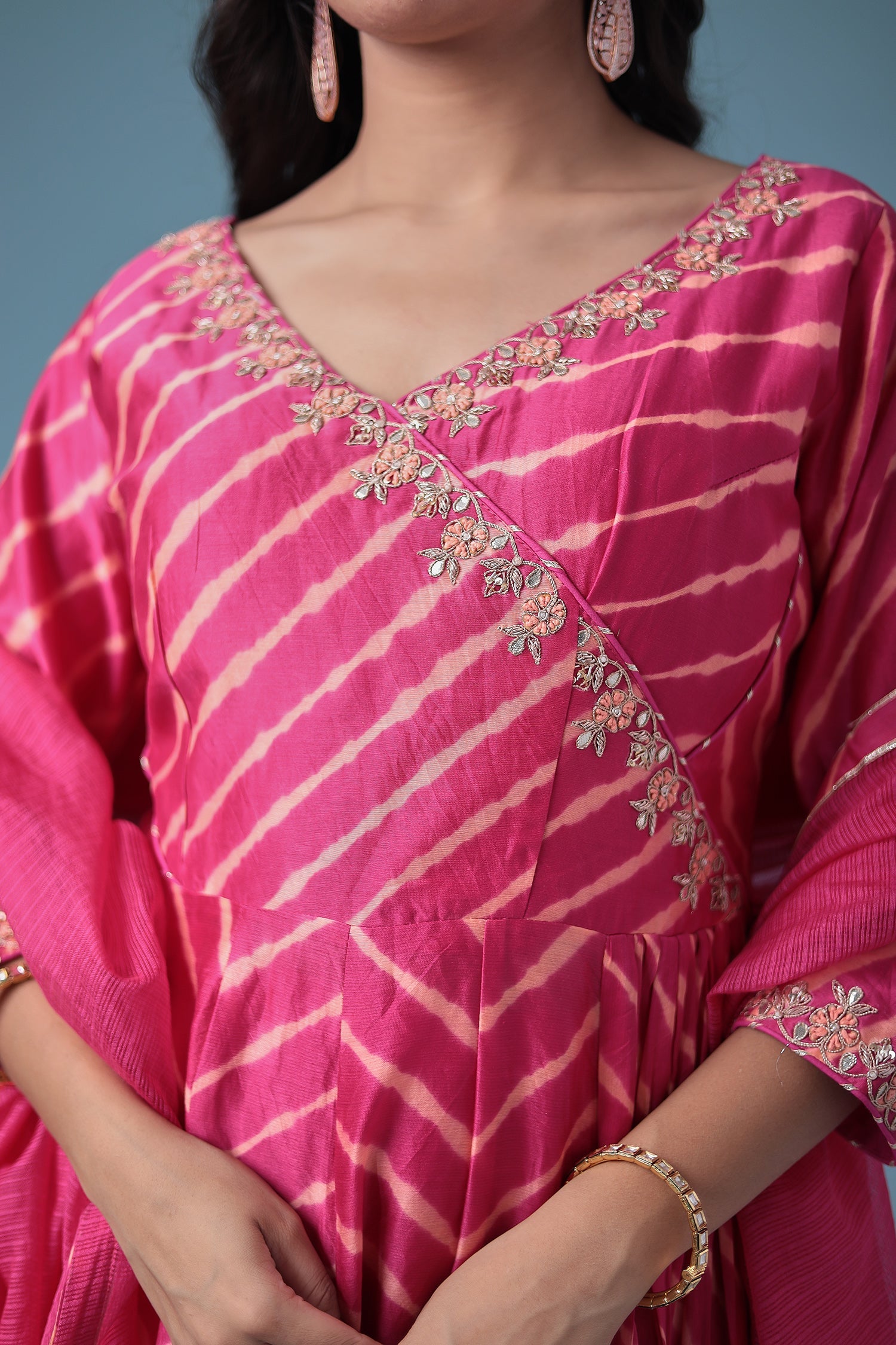 Embroidered Leheriya Chanderi Suit with Gota Patti work.