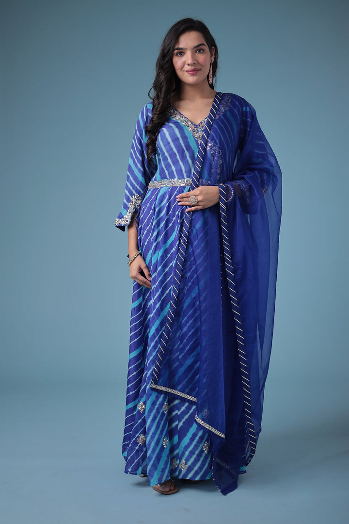 Embroidered Leheriya Anarkali Silk Suit with Gota Patti and Zardozi work