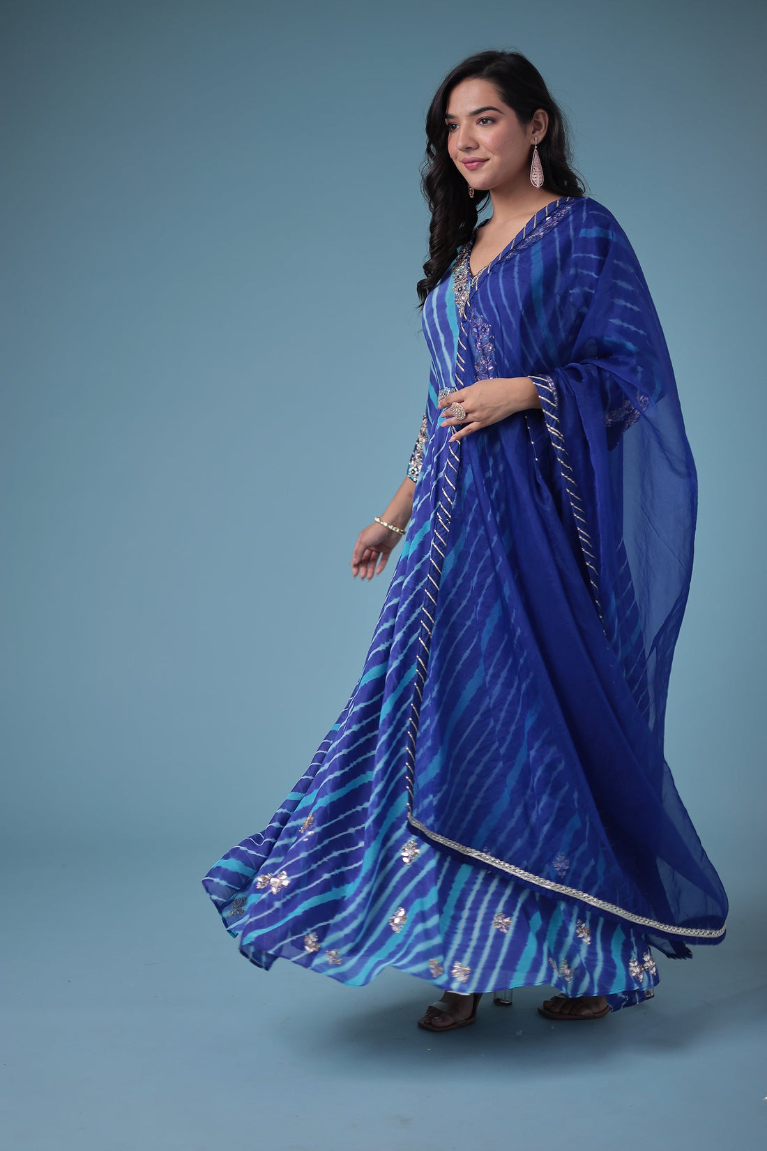 Embroidered Leheriya Anarkali Silk Suit with Gota Patti and Zardozi work