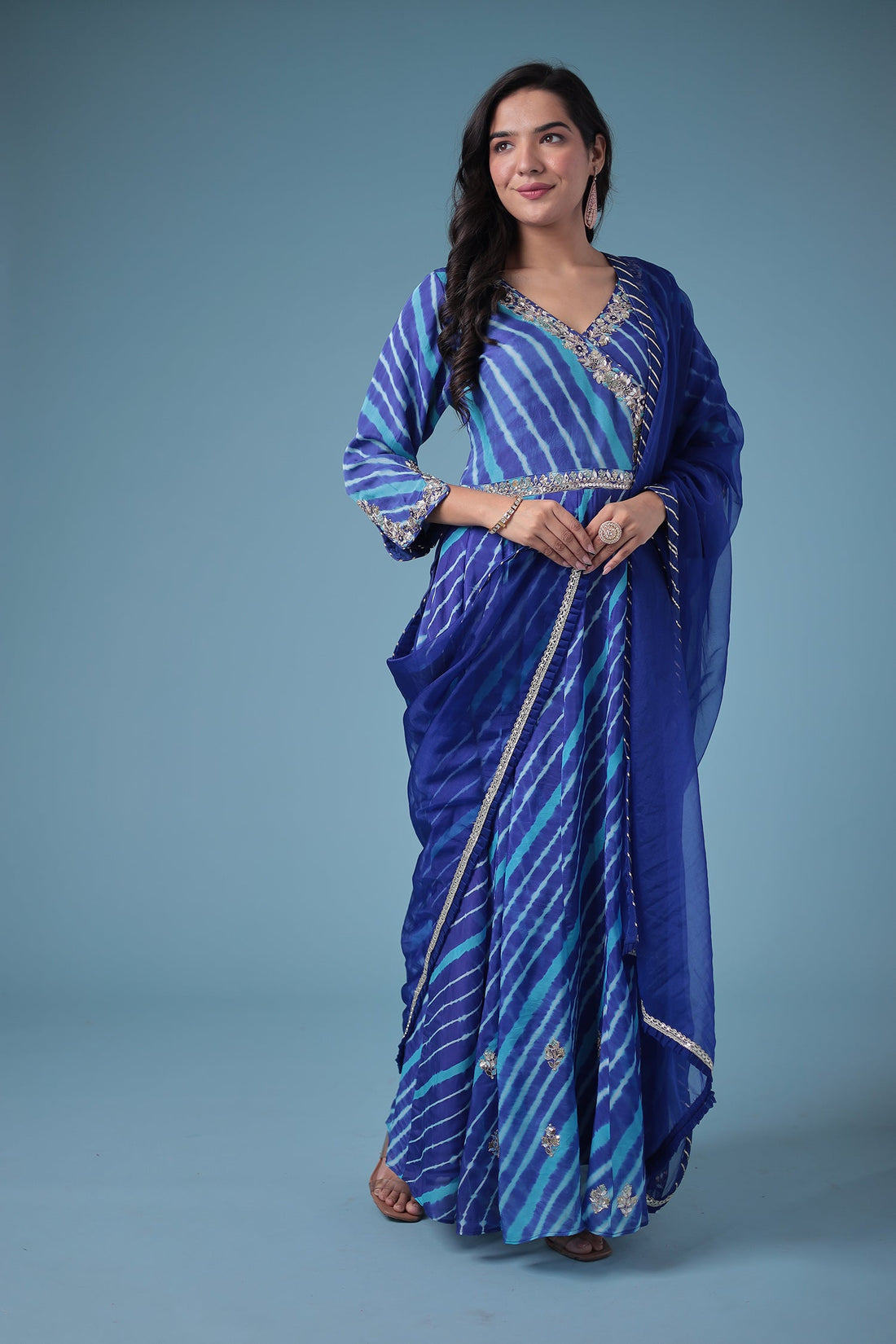 Embroidered Leheriya Anarkali Silk Suit with Gota Patti and Zardozi work