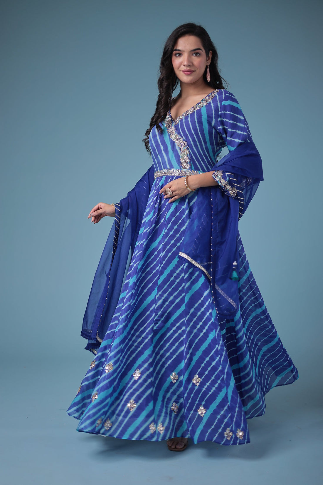 Embroidered Leheriya Anarkali Silk Suit with Gota Patti and Zardozi work