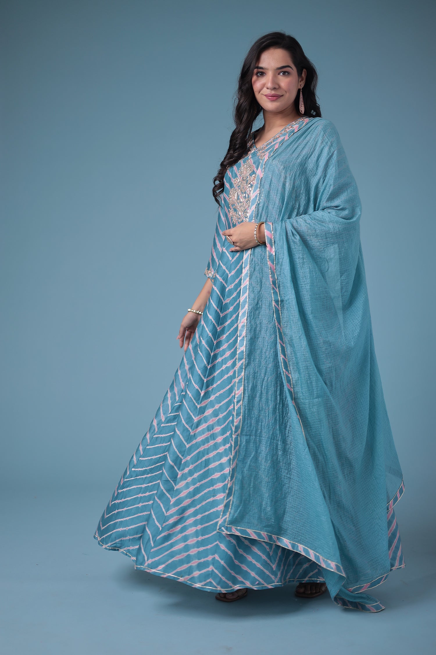 Embroidered Leheriya Chanderi Suit with Gota Patti work.