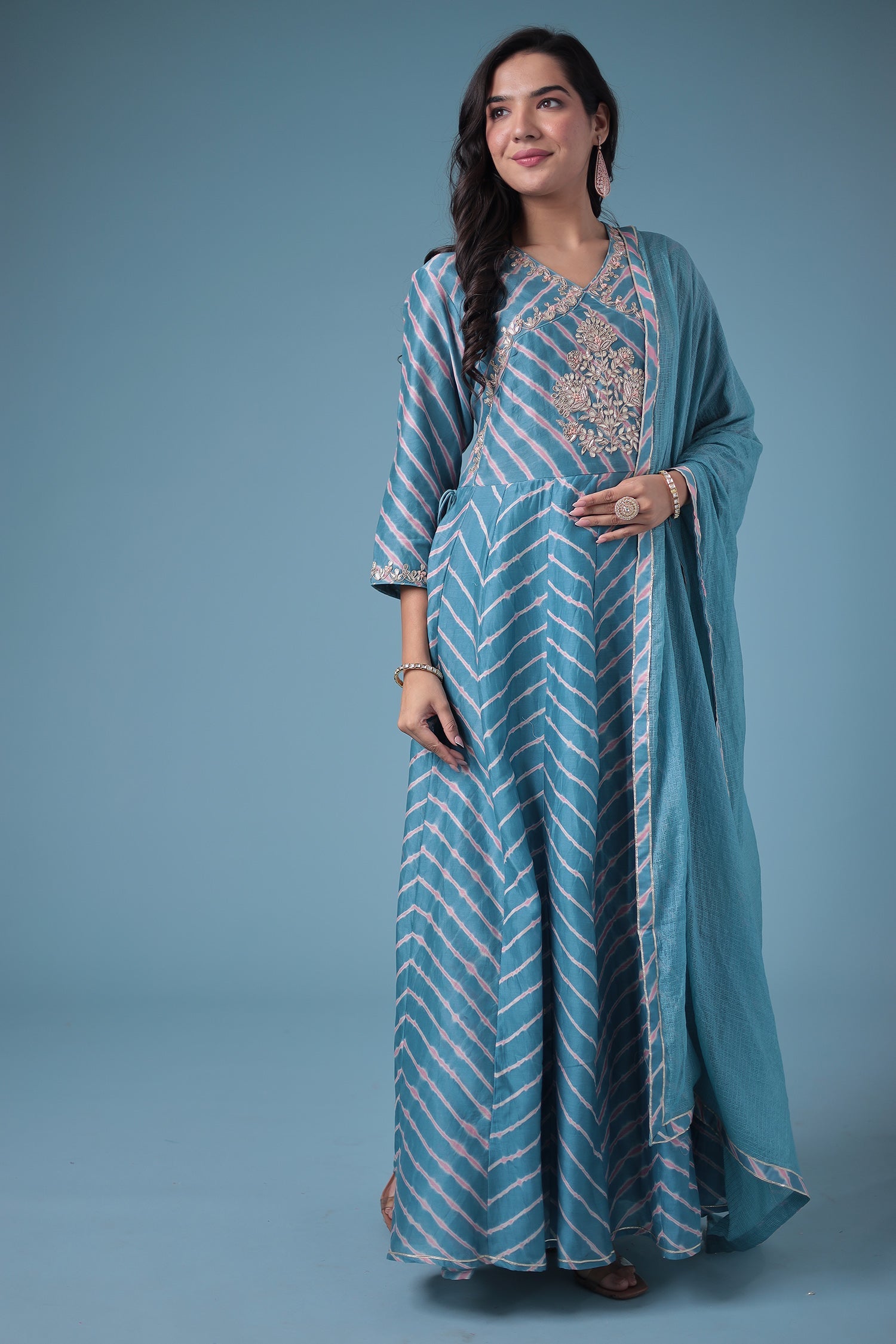Embroidered Leheriya Chanderi Suit with Gota Patti work.