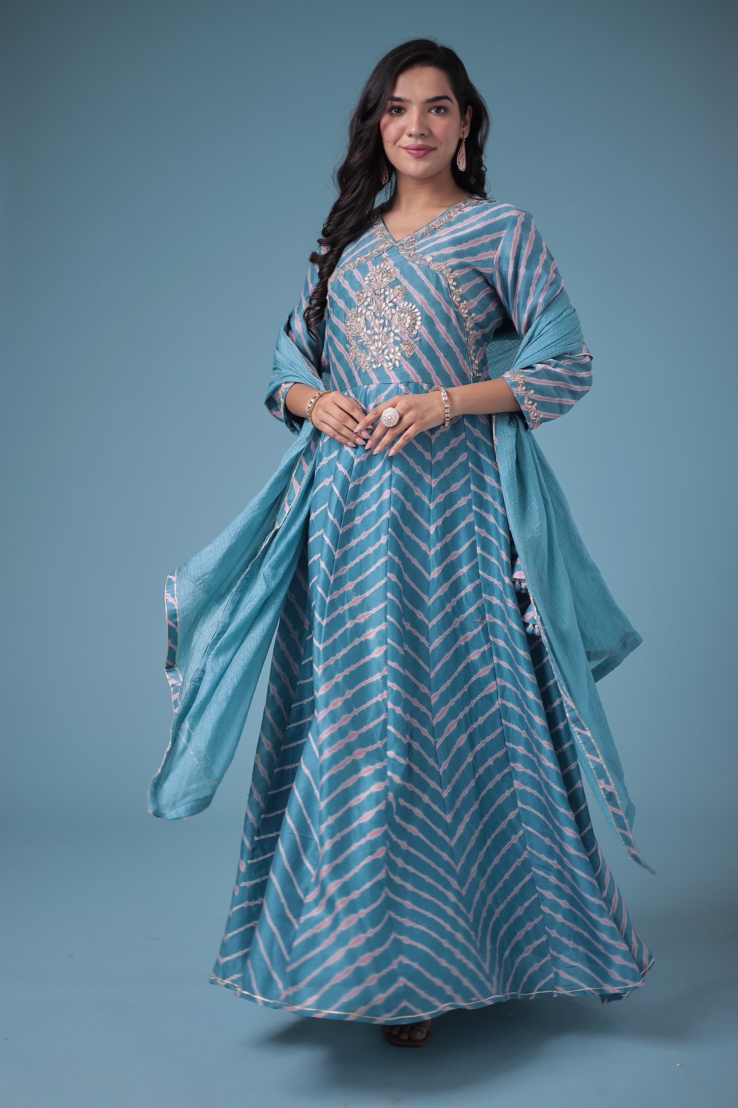 Embroidered Leheriya Chanderi Suit with Gota Patti work.