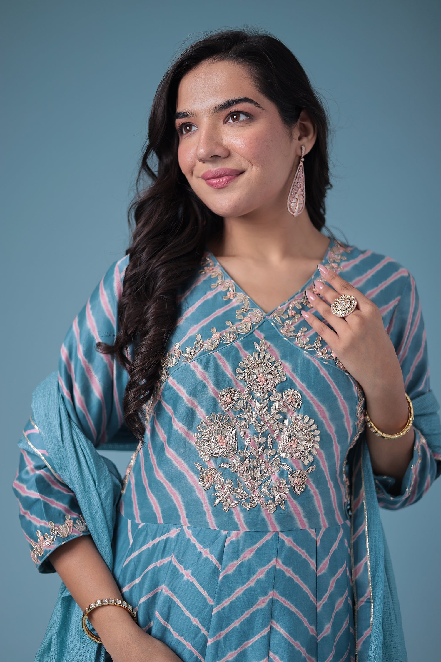 Embroidered Leheriya Chanderi Suit with Gota Patti work.