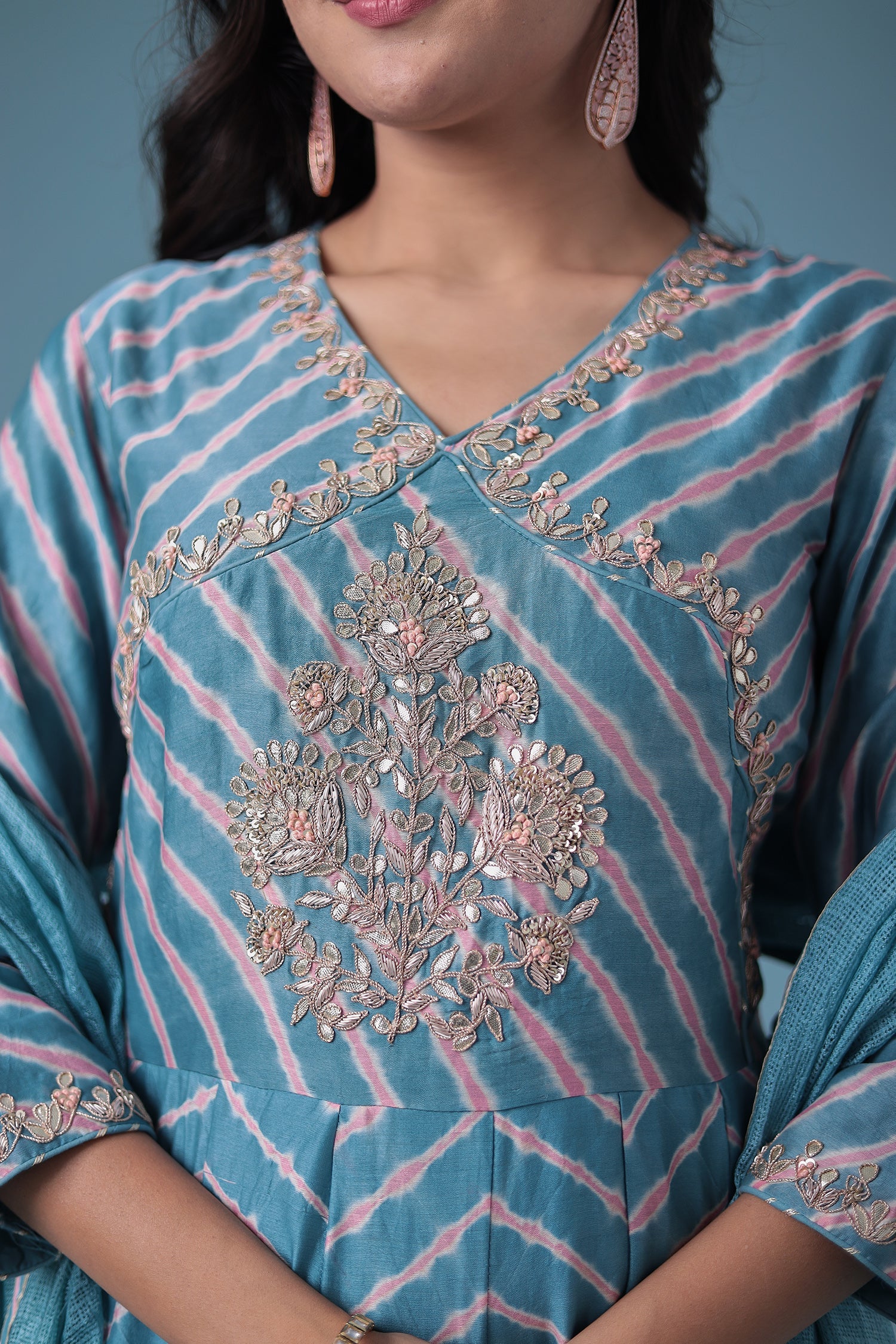 Embroidered Leheriya Chanderi Suit with Gota Patti work.