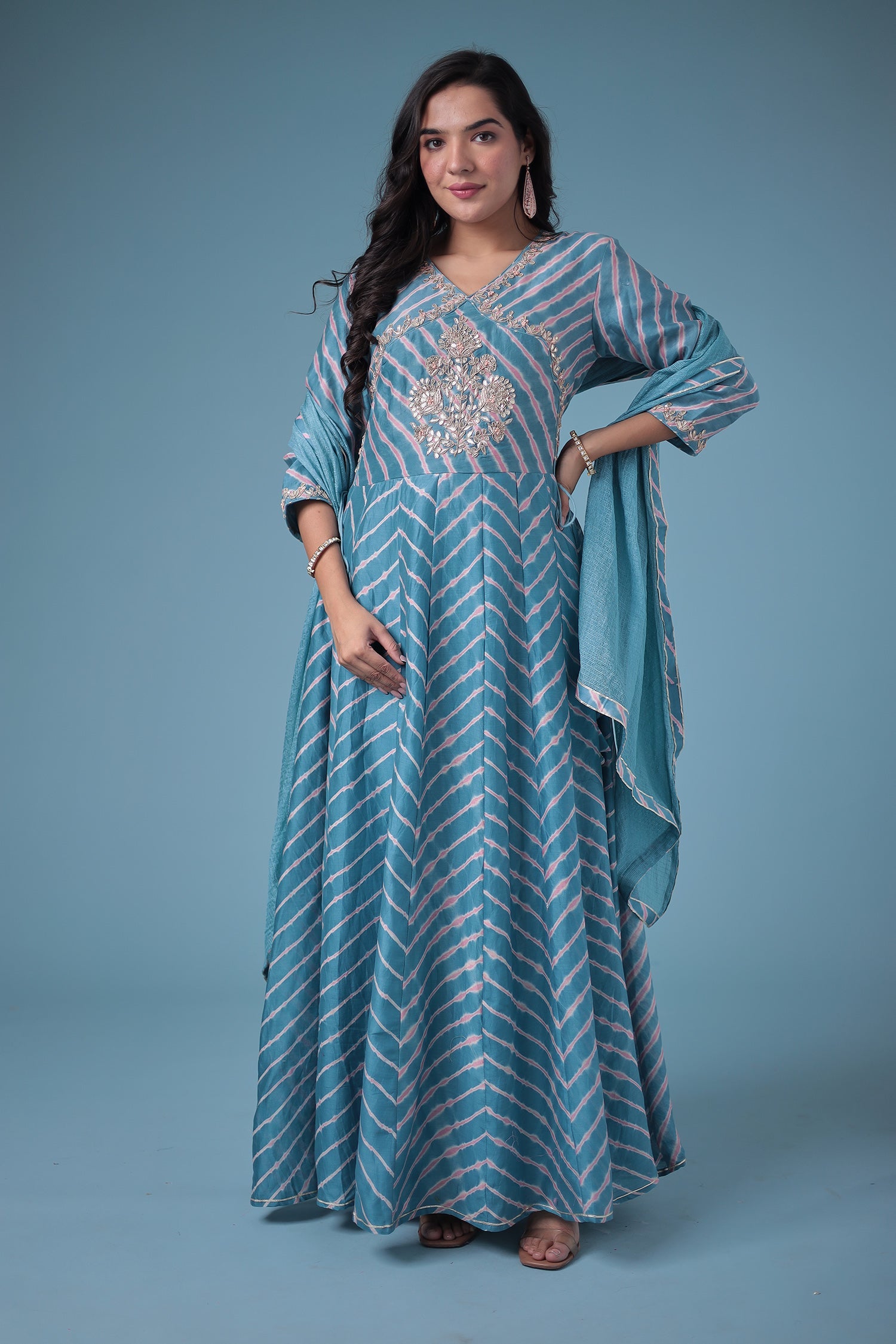 Embroidered Leheriya Chanderi Suit with Gota Patti work.