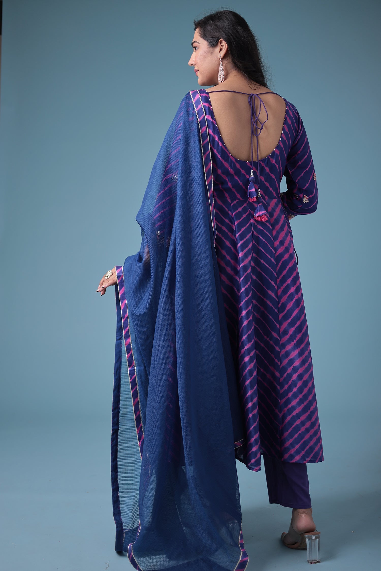 Embroidered Leheriya Chanderi Suit with Gota Patti work.