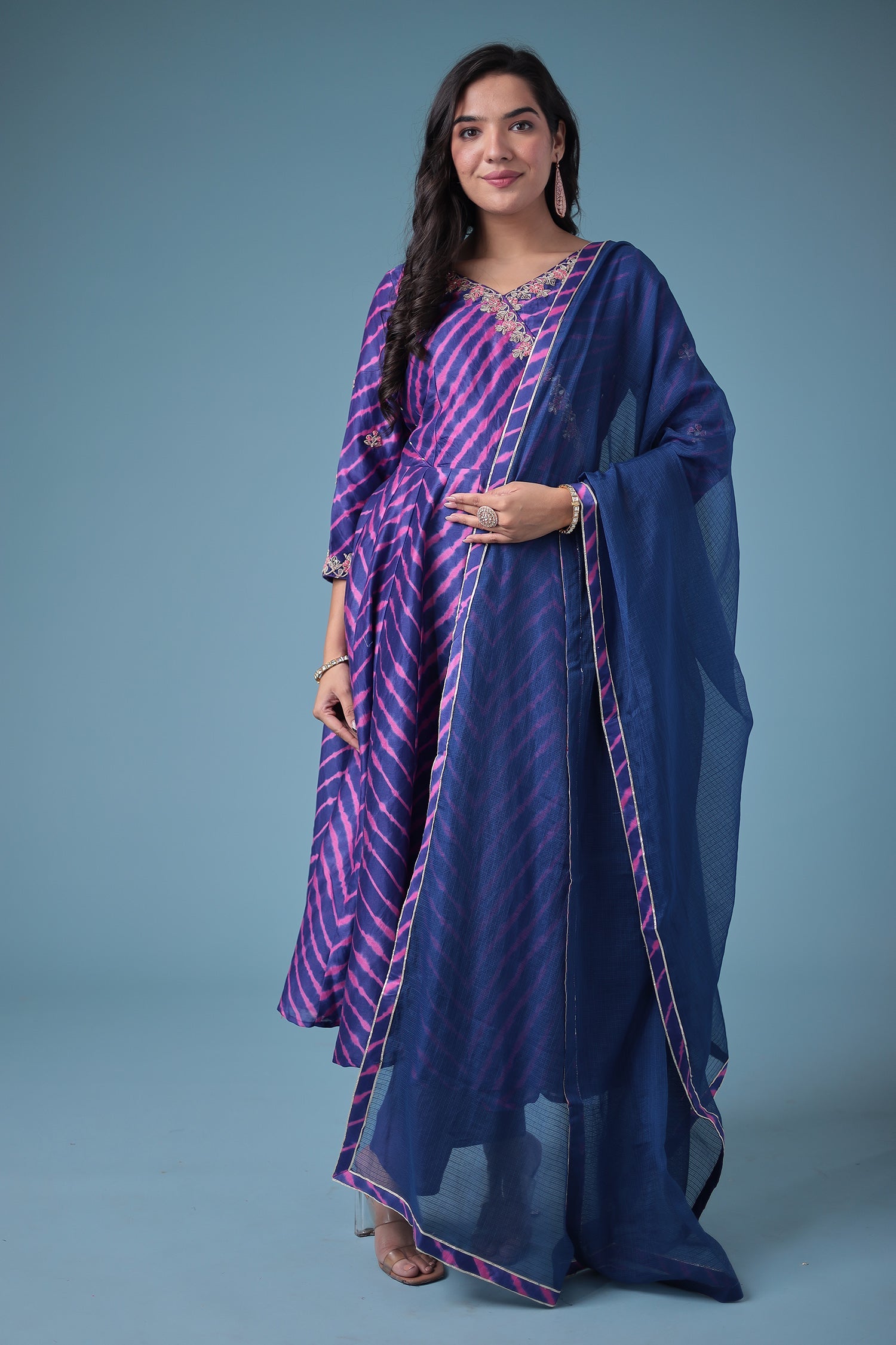 Embroidered Leheriya Chanderi Suit with Gota Patti work.