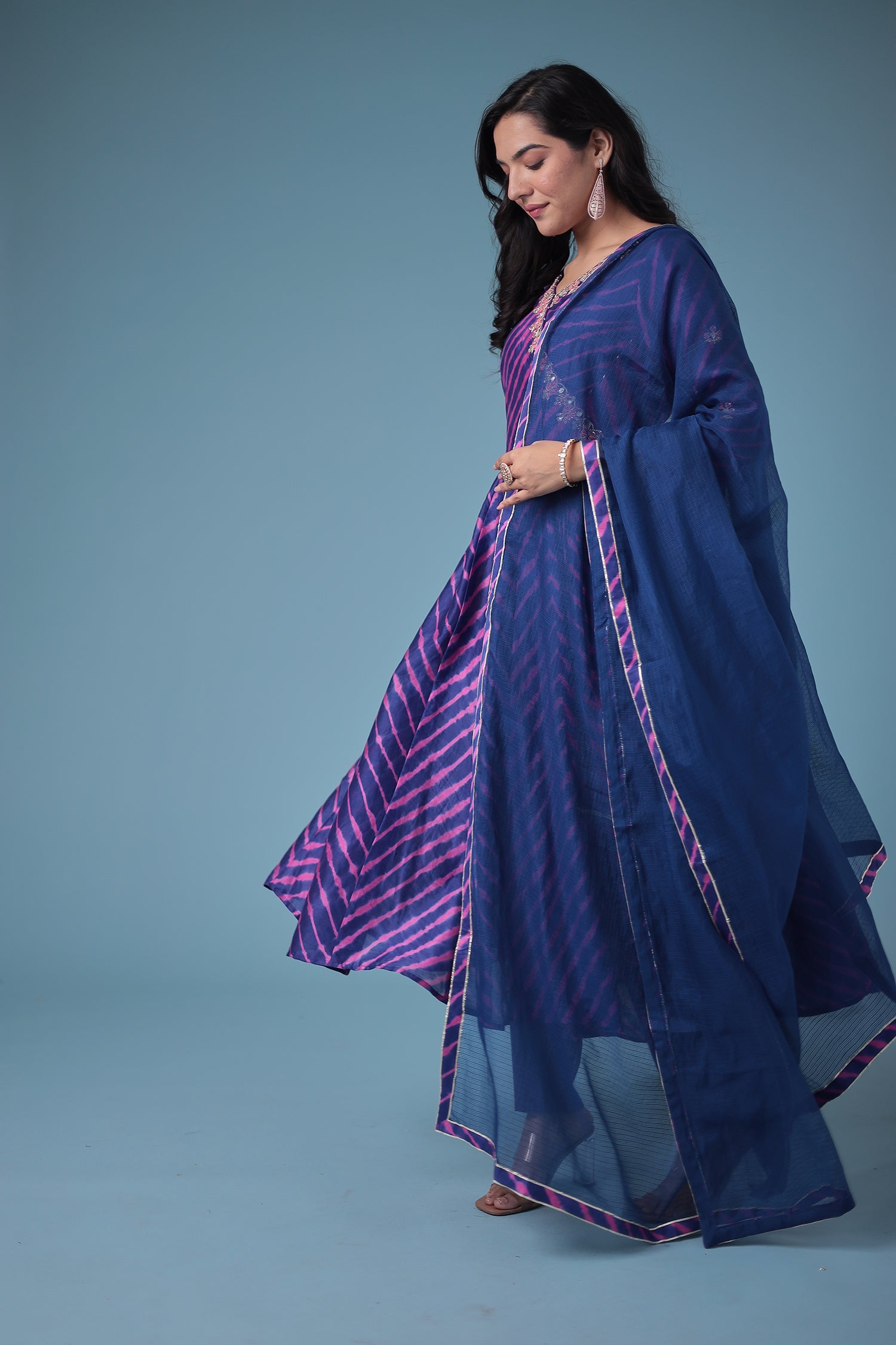 Embroidered Leheriya Chanderi Suit with Gota Patti work.