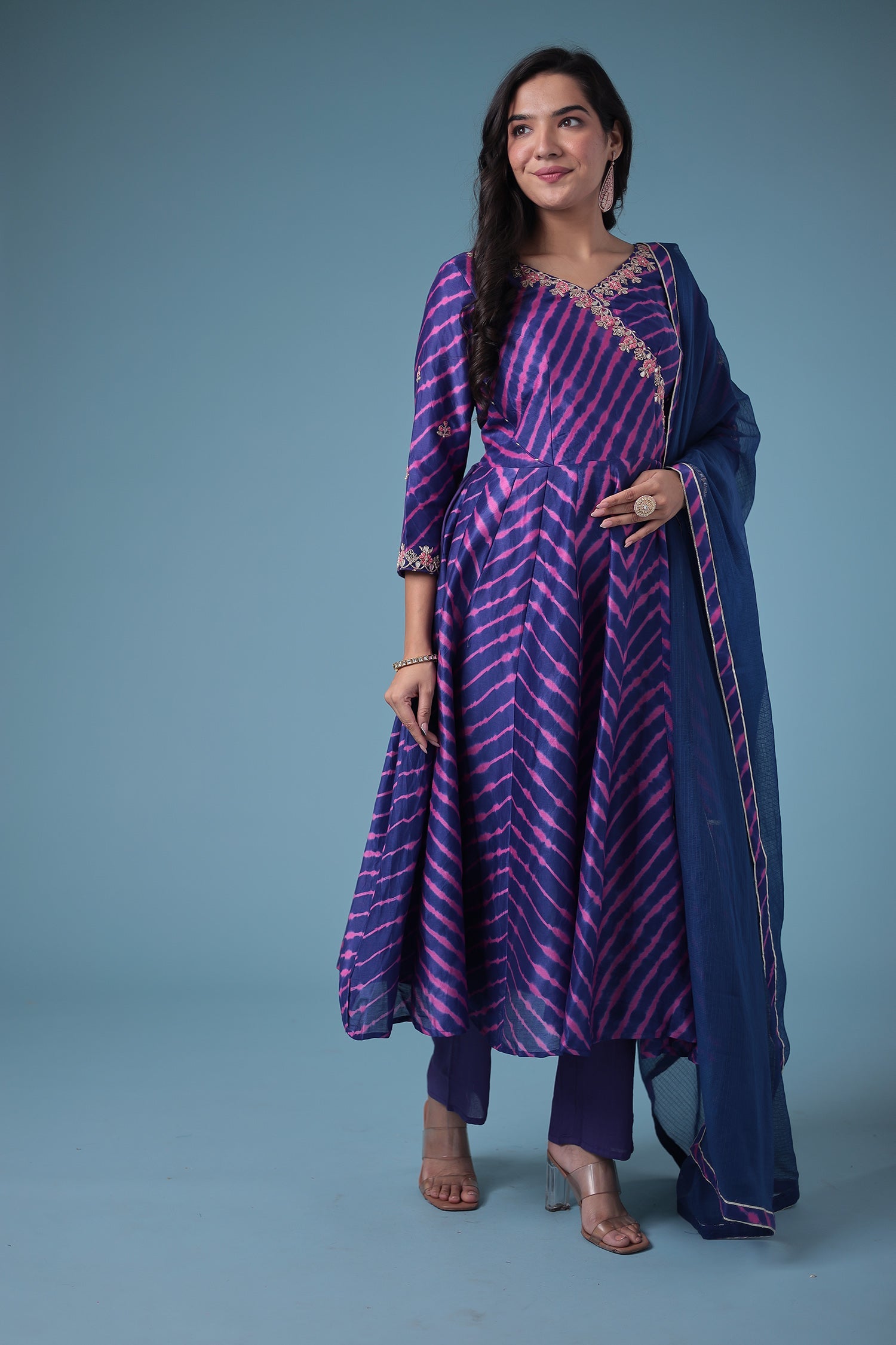 Embroidered Leheriya Chanderi Suit with Gota Patti work.