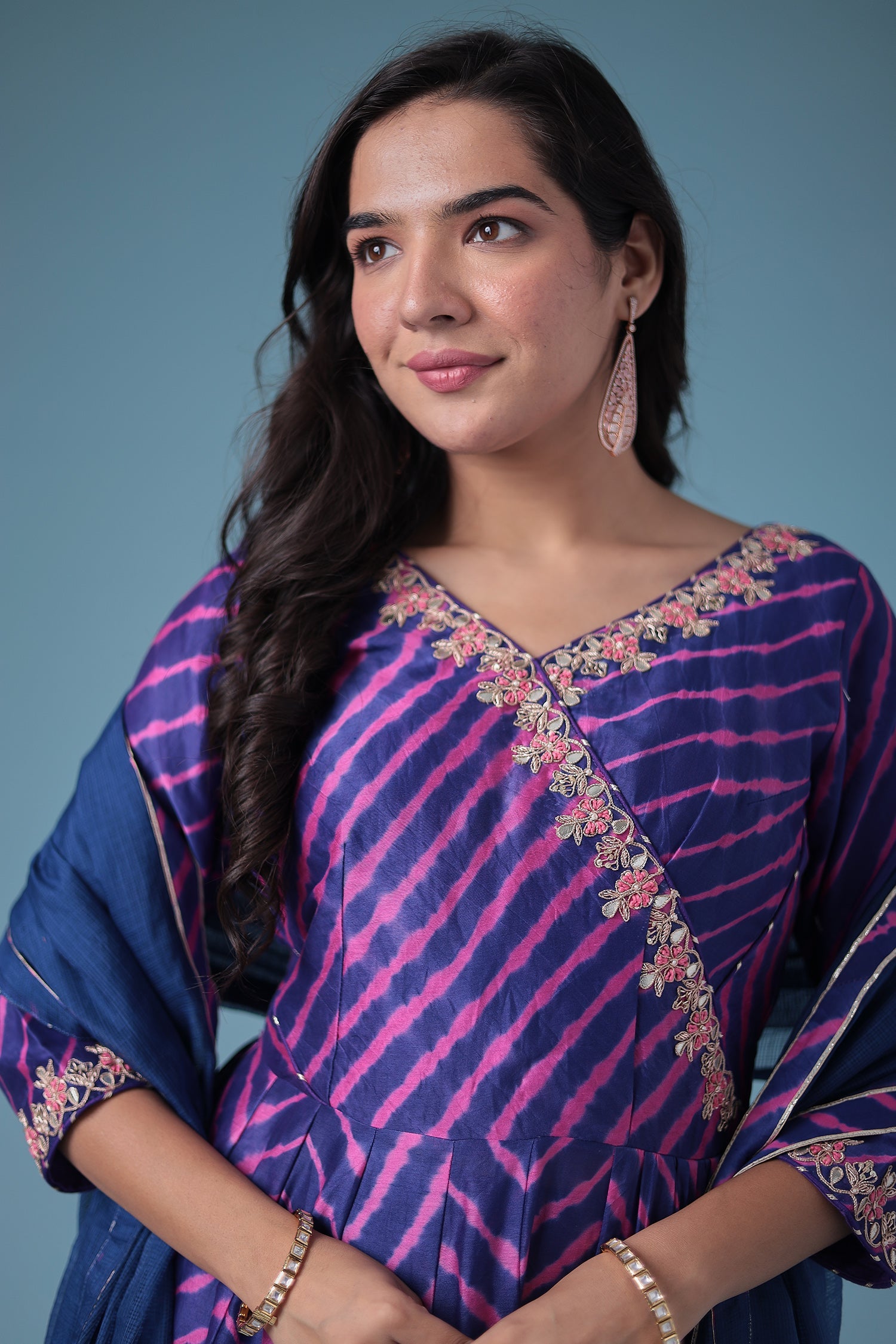 Embroidered Leheriya Chanderi Suit with Gota Patti work.