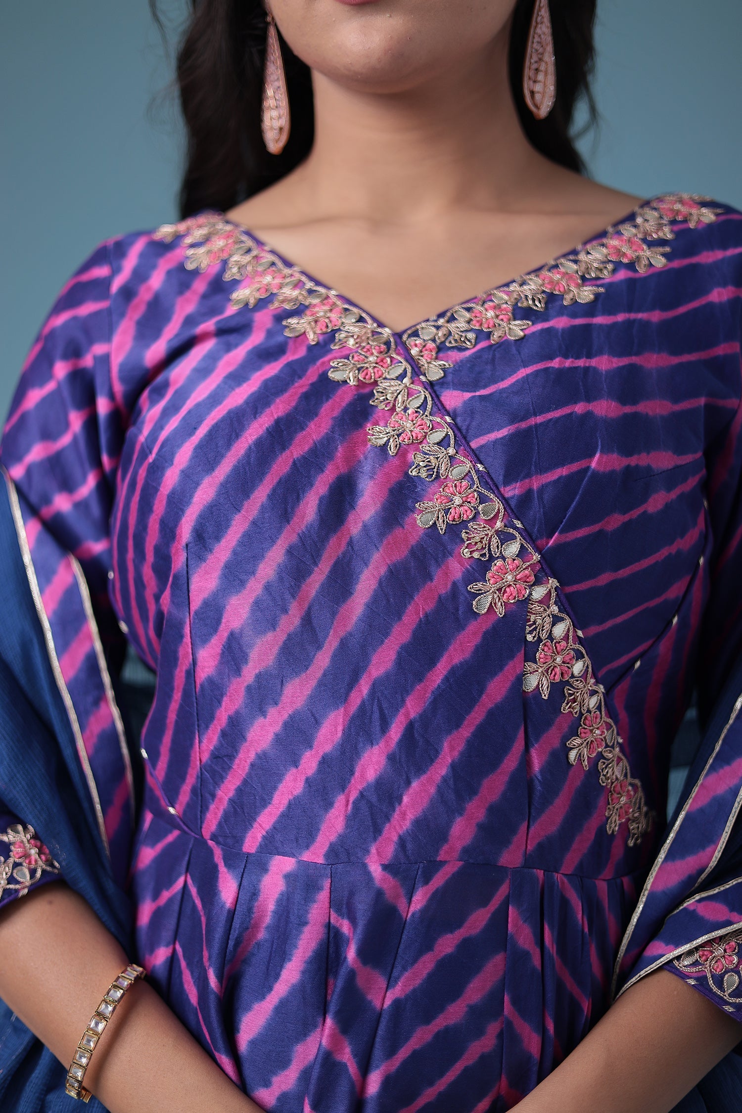 Embroidered Leheriya Chanderi Suit with Gota Patti work.