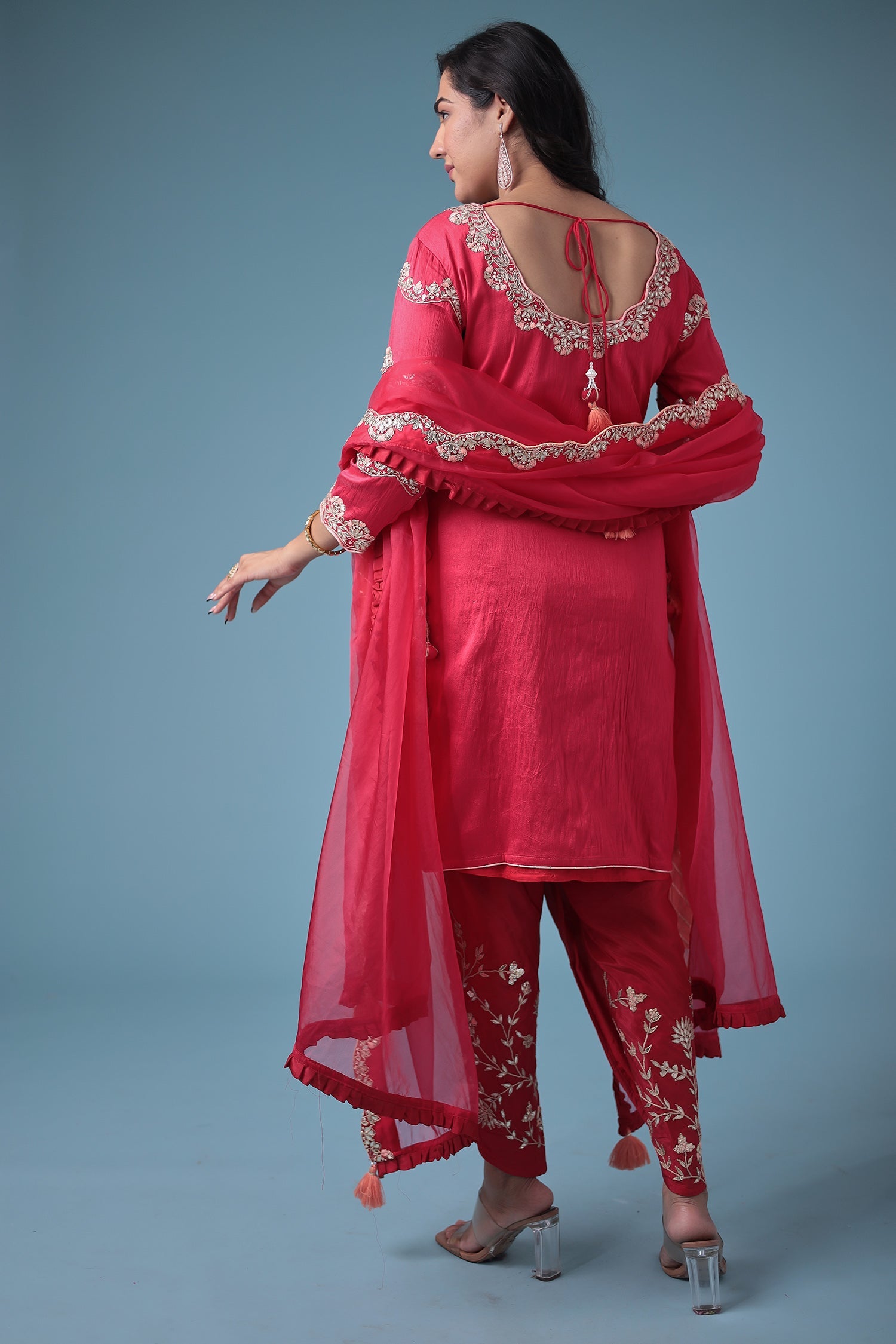 Embroidered Dhoti Style Silk Suit with Gota Patti work