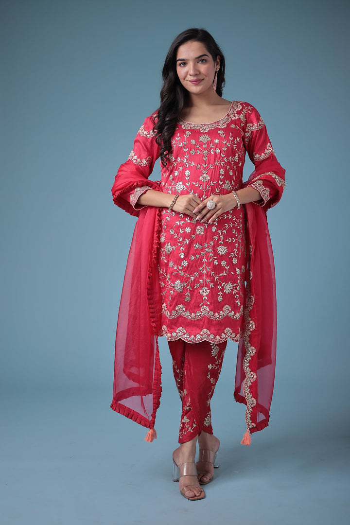 Embroidered Dhoti Style Silk Suit with Gota Patti work