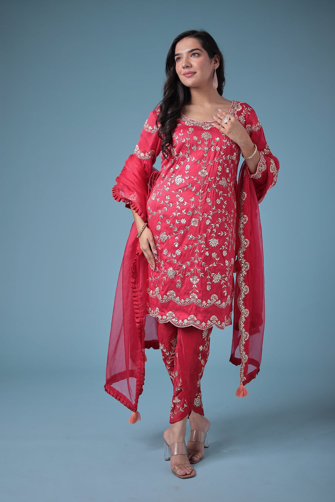 Embroidered Dhoti Style Silk Suit with Gota Patti work