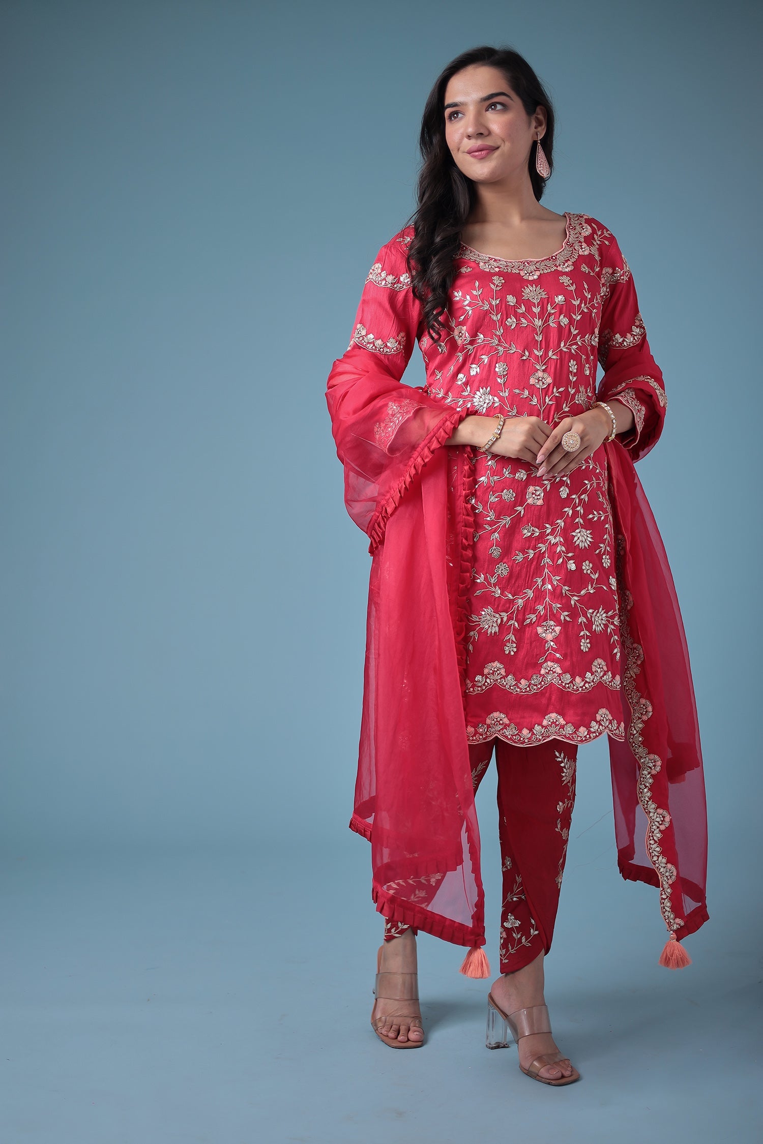 Embroidered Dhoti Style Silk Suit with Gota Patti work