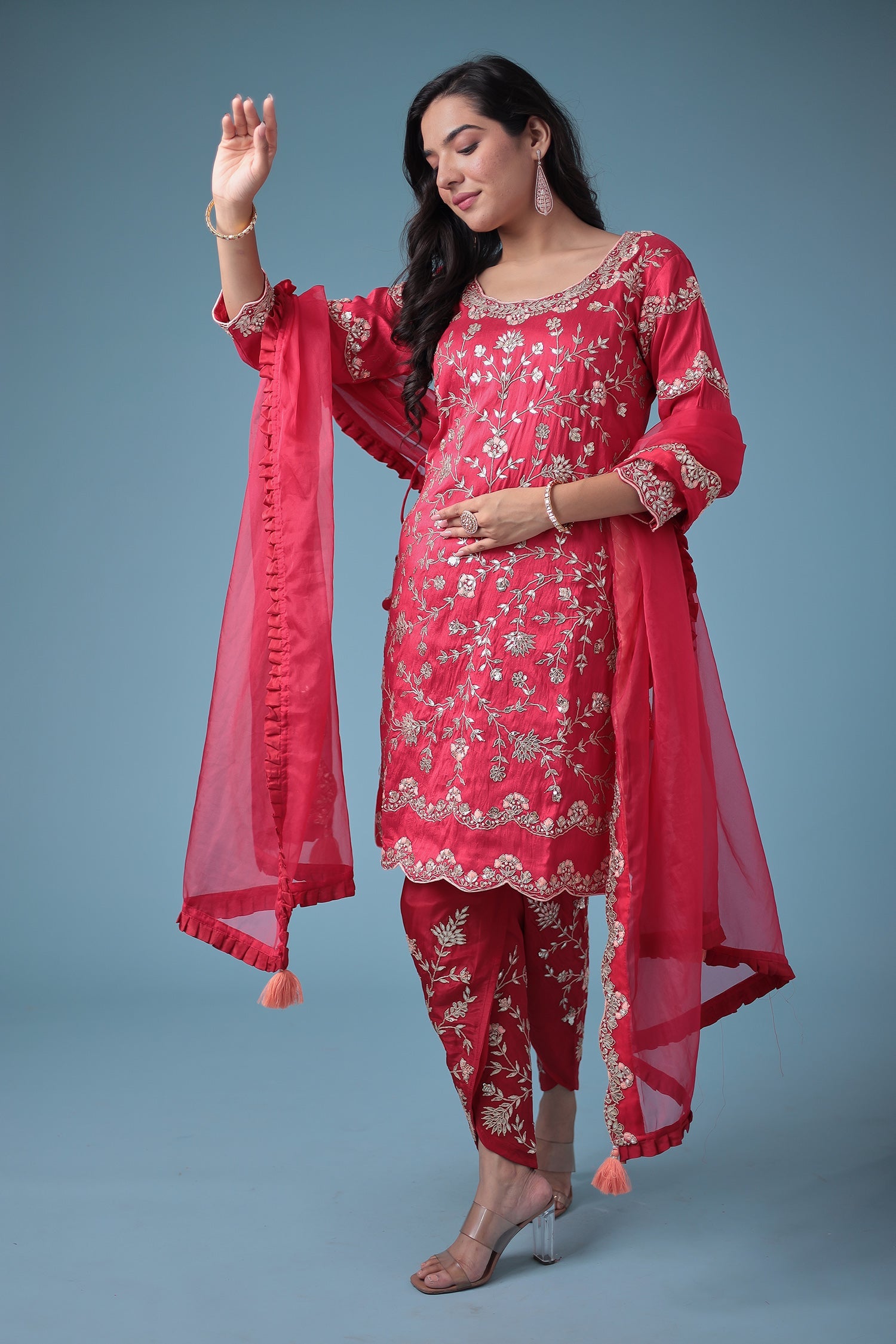Embroidered Dhoti Style Silk Suit with Gota Patti work