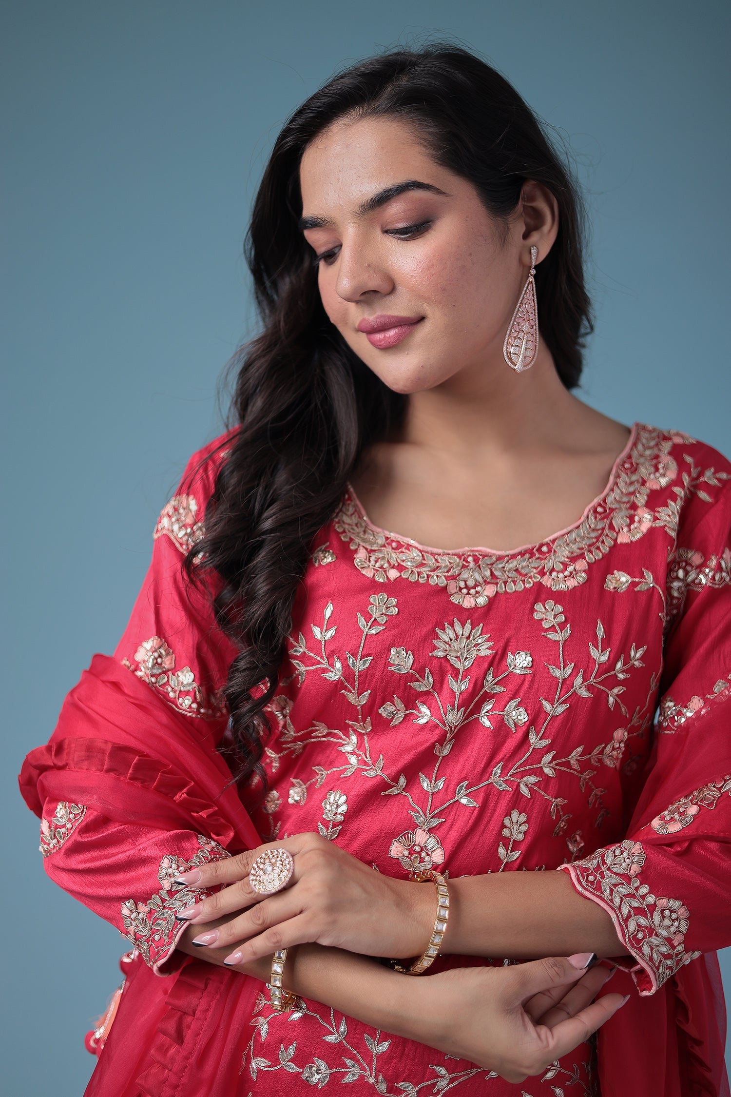 Embroidered Dhoti Style Silk Suit with Gota Patti work