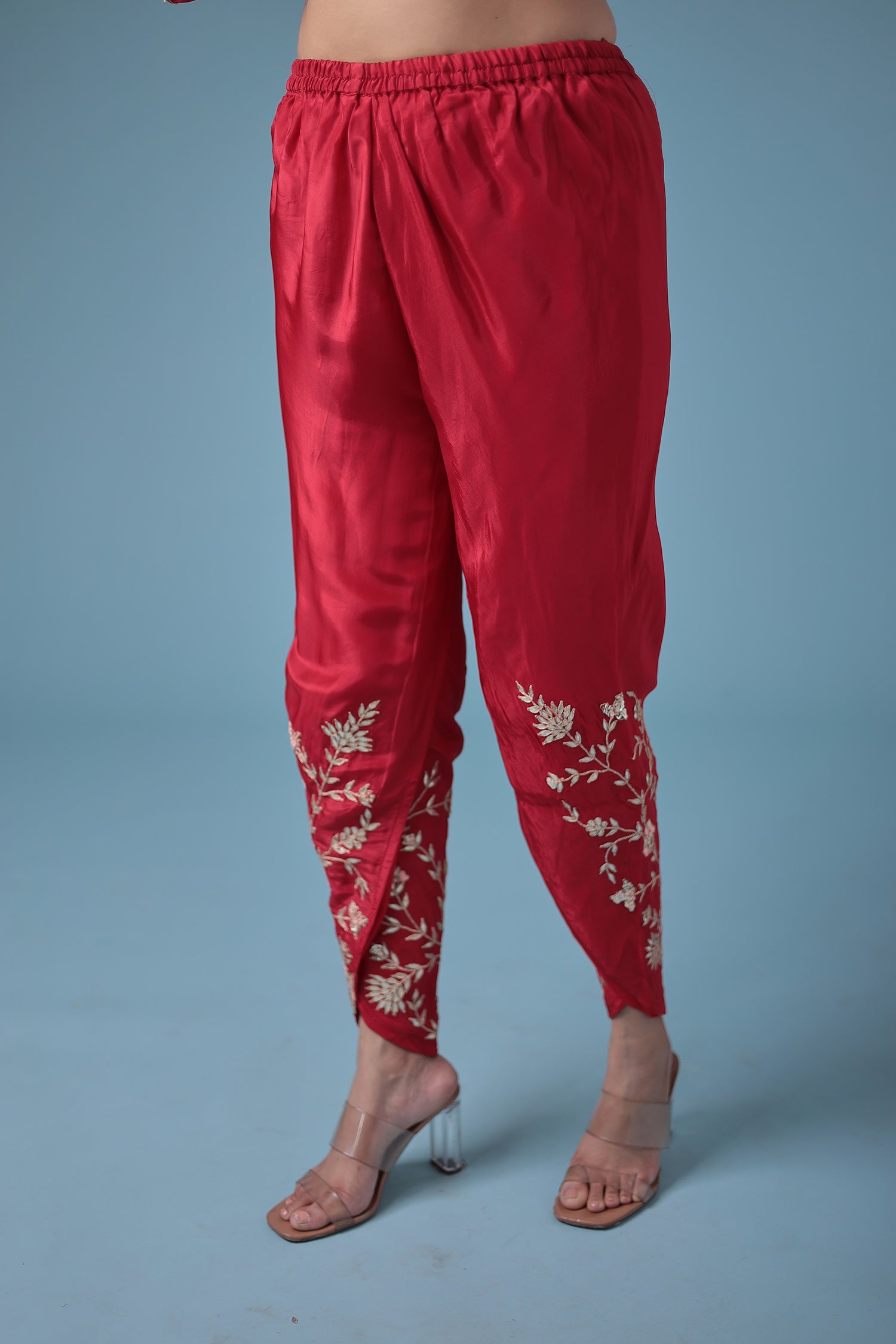 Embroidered Dhoti Style Silk Suit with Gota Patti work