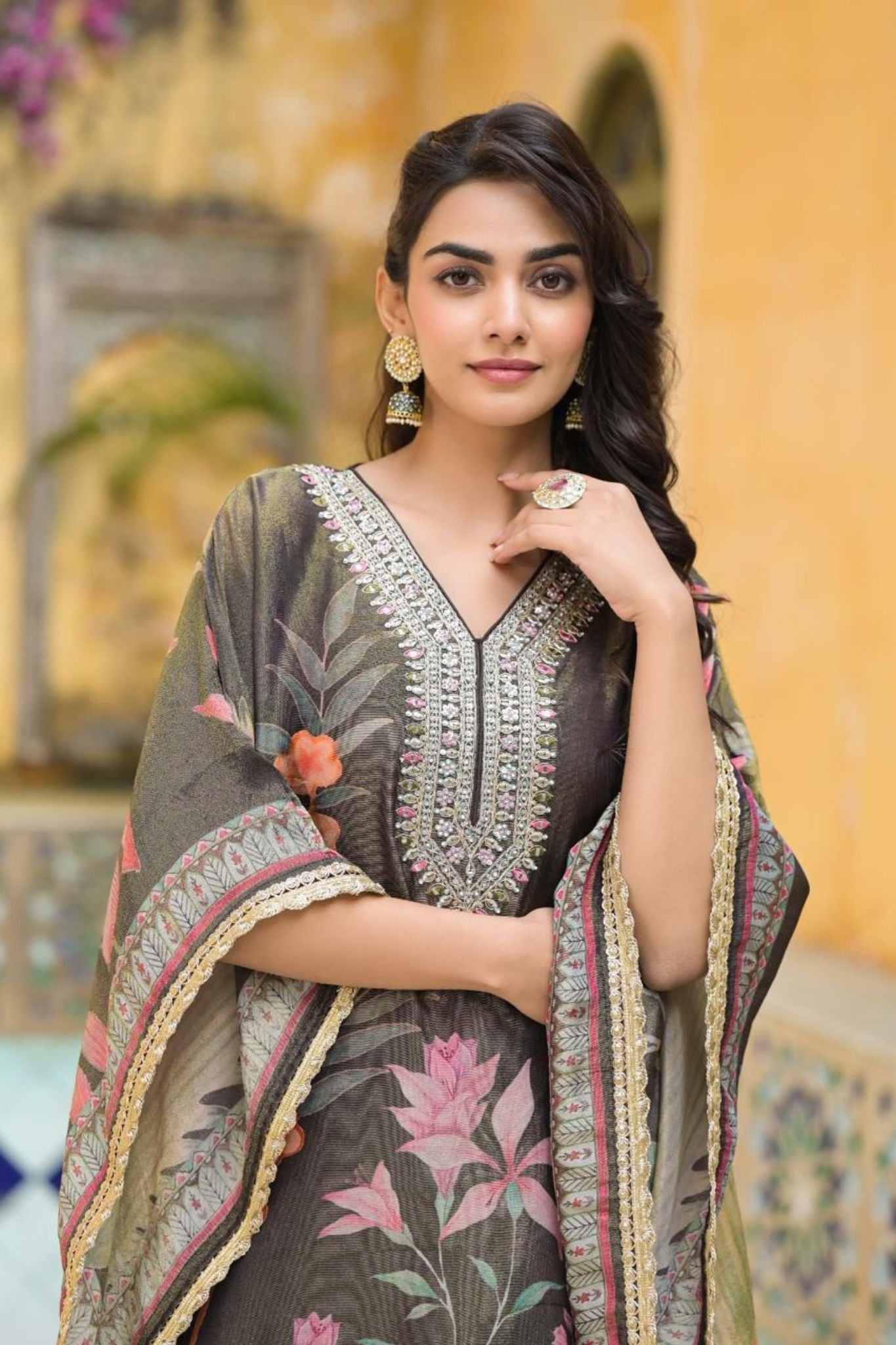 Printed Silk Blend Kaftan with Dori and Thread work