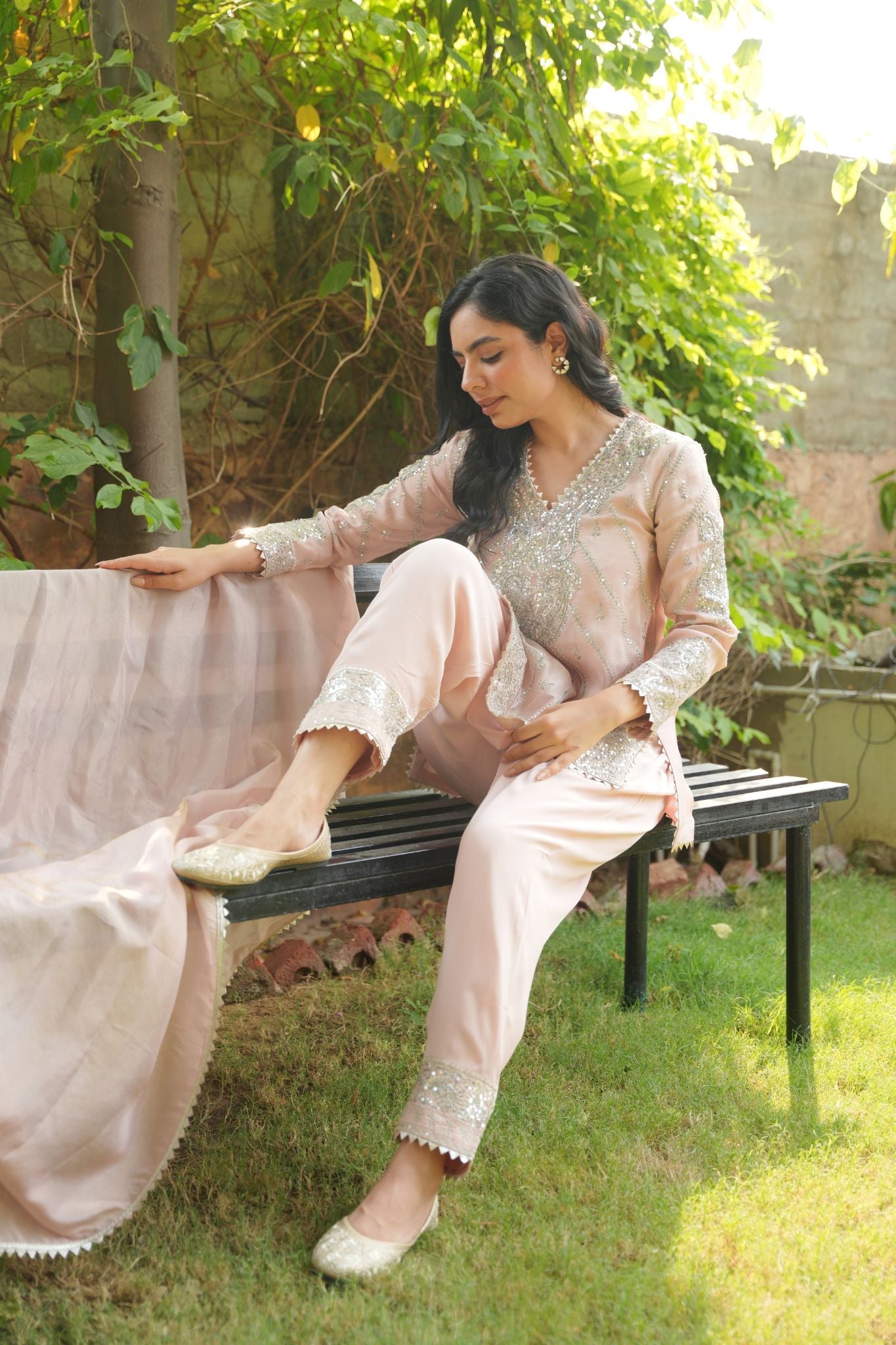 Shimmer tissue Suit with Mirror, Sequins, Thread work.