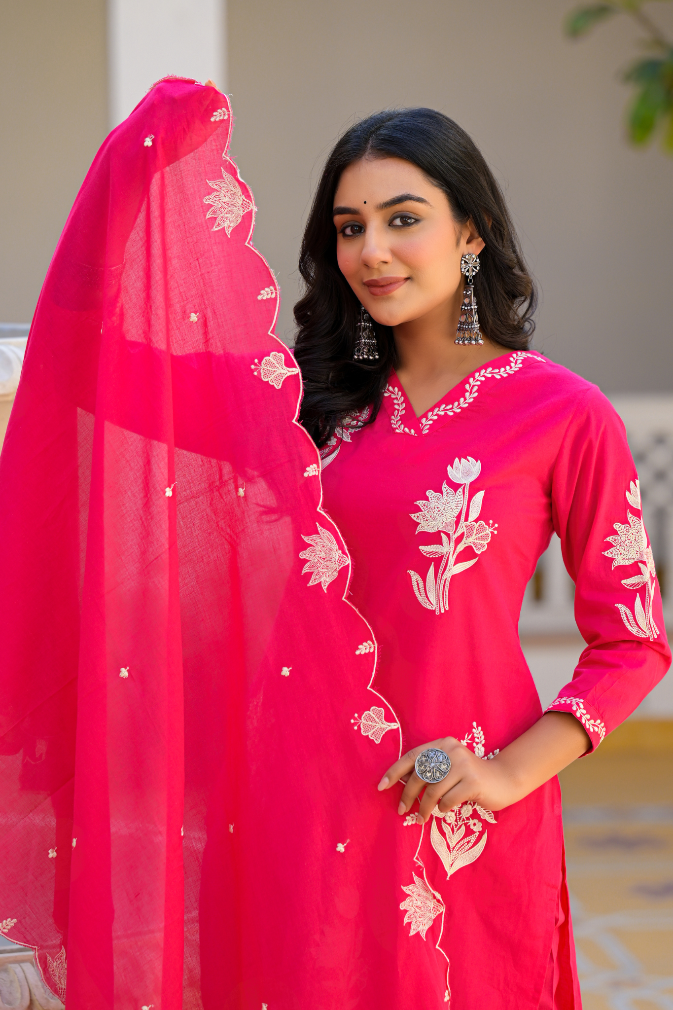 Silk Blend Kurta Stitched Set (3Pc) with Thread Work