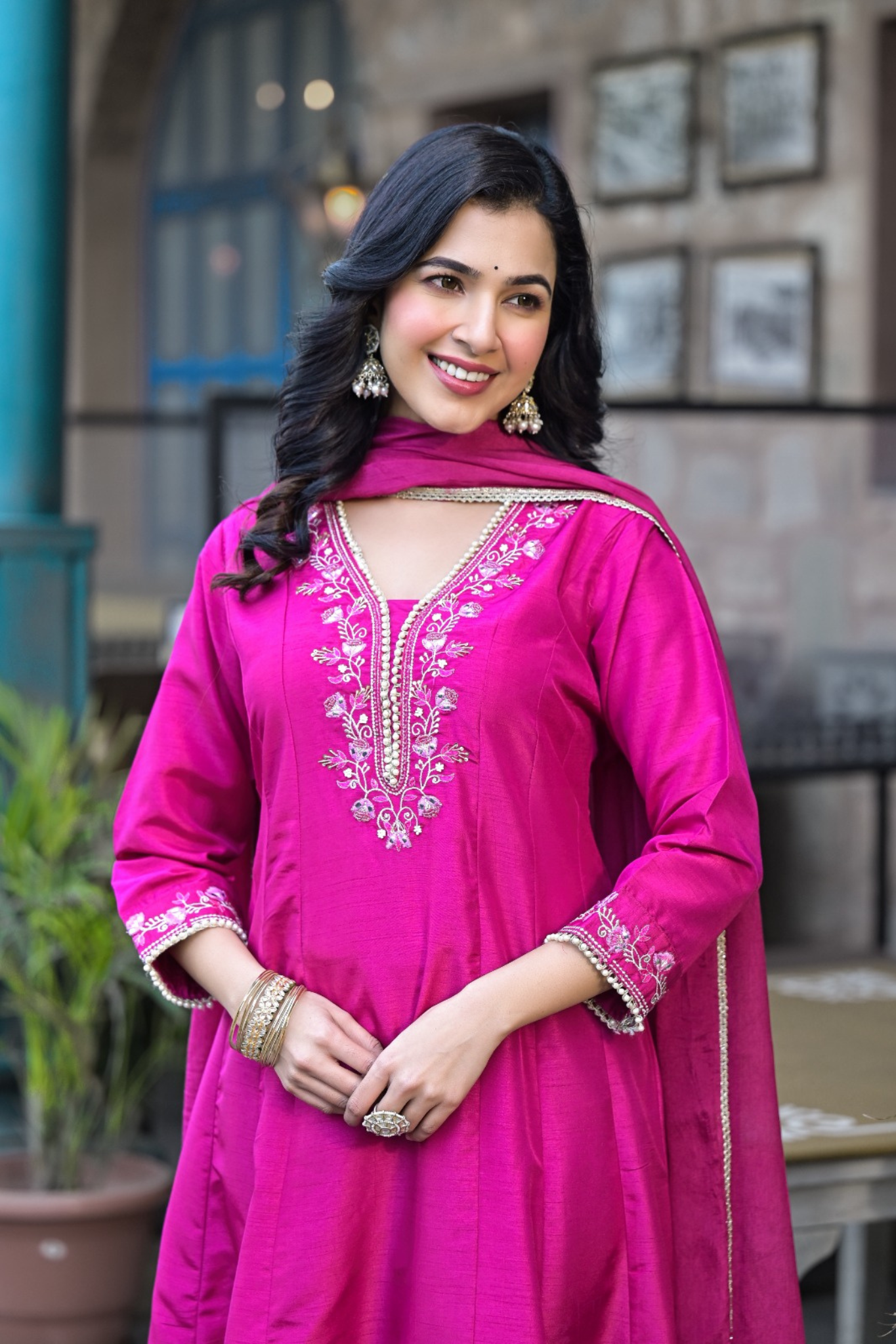 Silk Anarkali Kurta Set with Pearl and Embroidered work