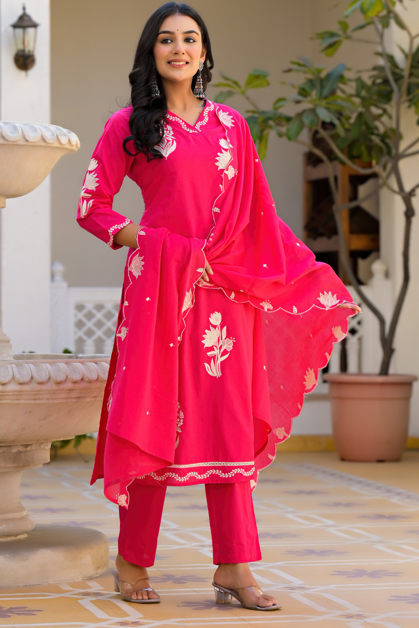 Silk Blend Kurta Stitched Set (3Pc) with Thread Work