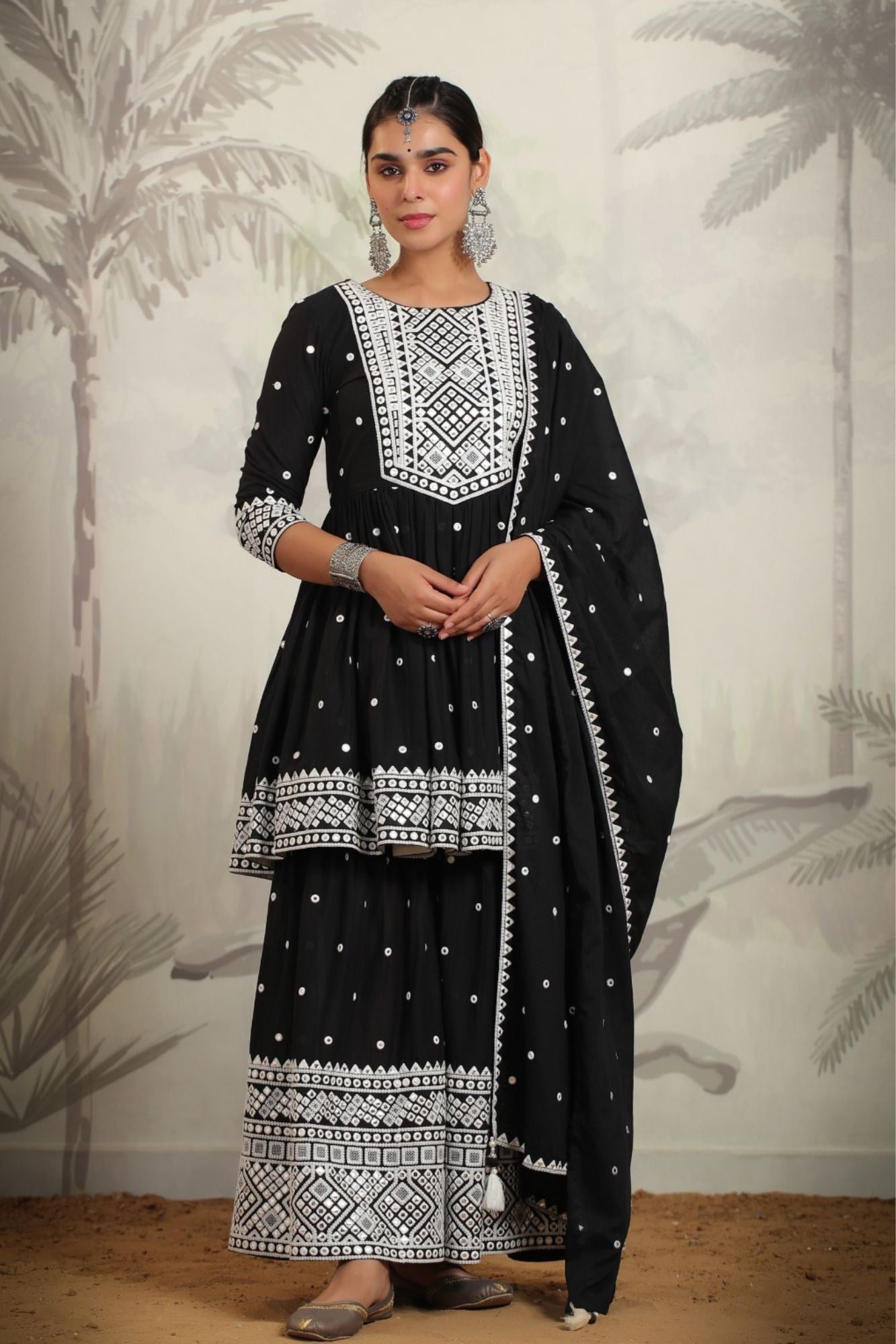 Muslin Casual Palazzo Suit with Mirror and Thread work.