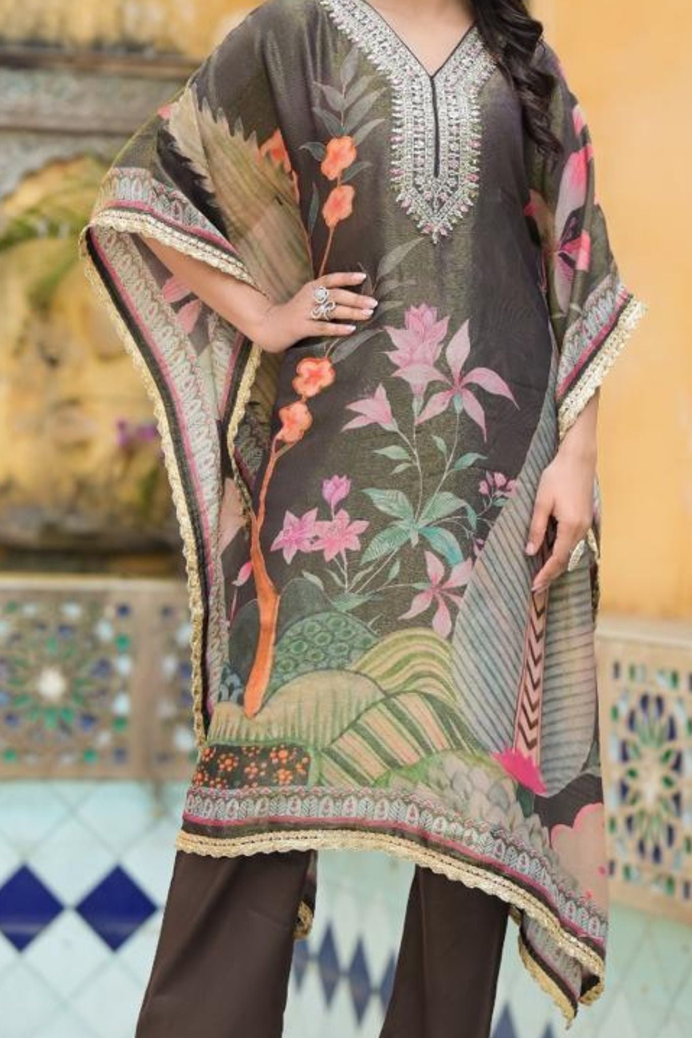 Printed Silk Blend Kaftan with Dori and Thread work