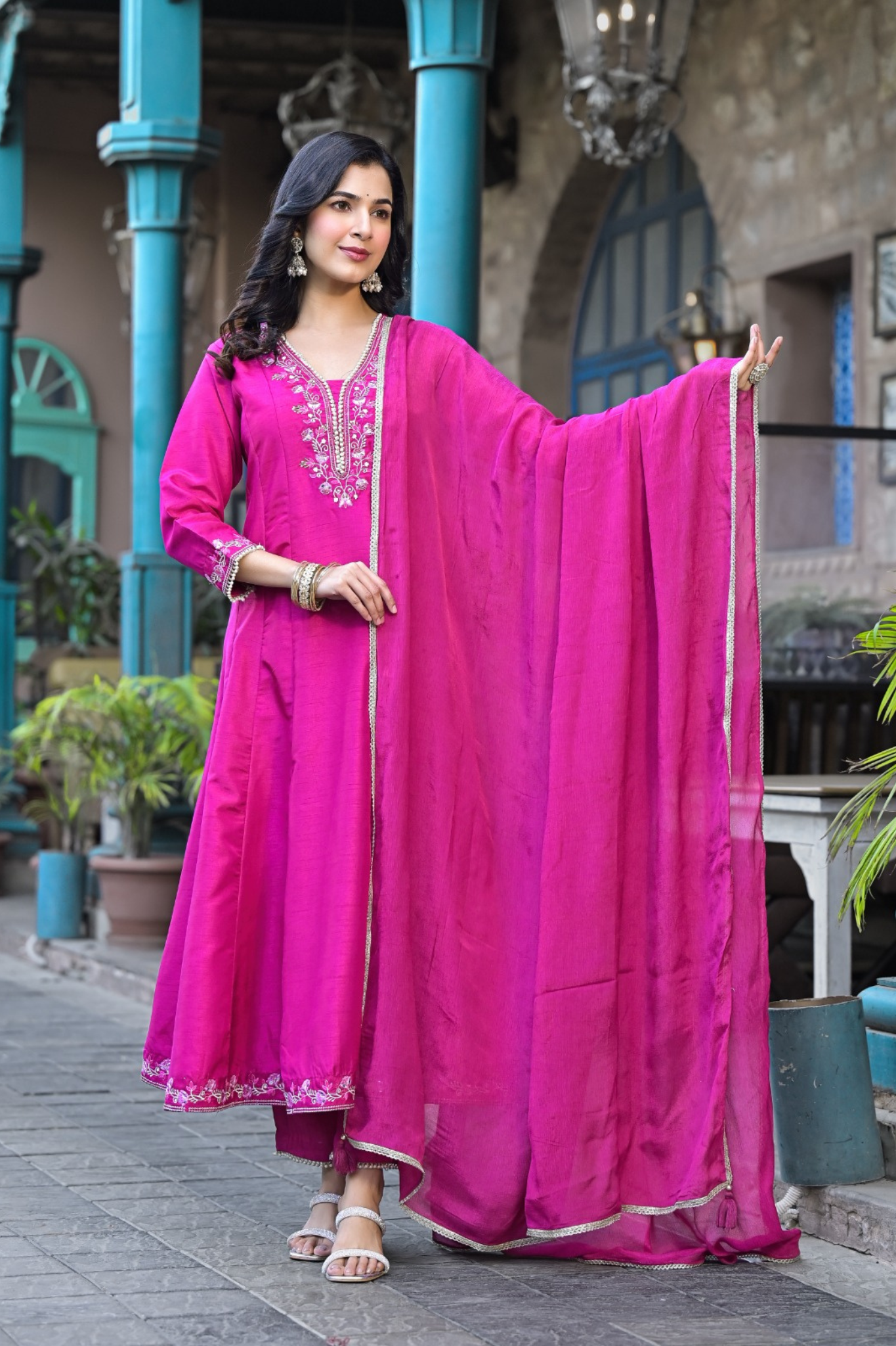 Silk Anarkali Kurta Set with Pearl and Embroidered work