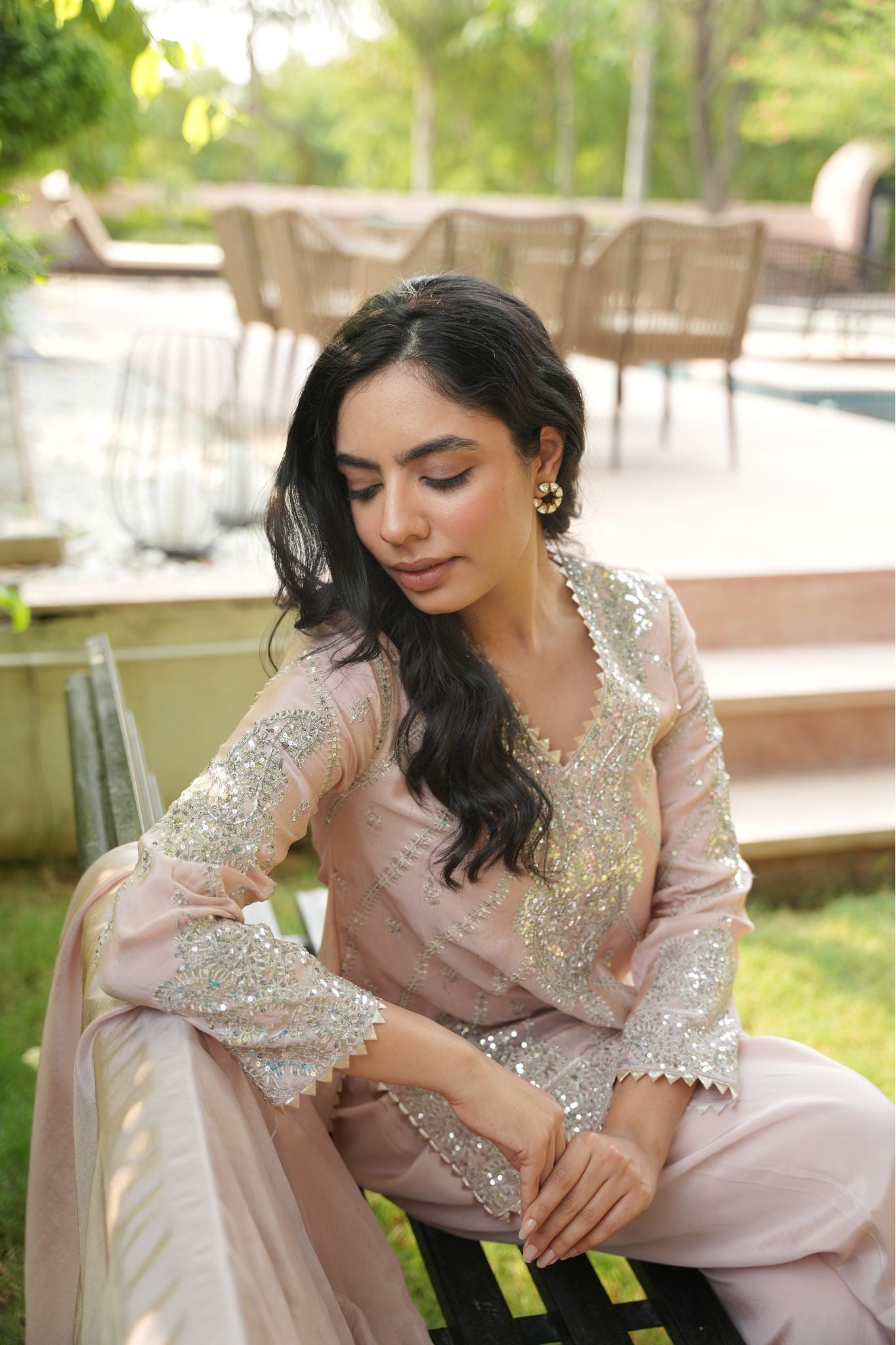 Shimmer tissue Suit with Mirror, Sequins, Thread work.