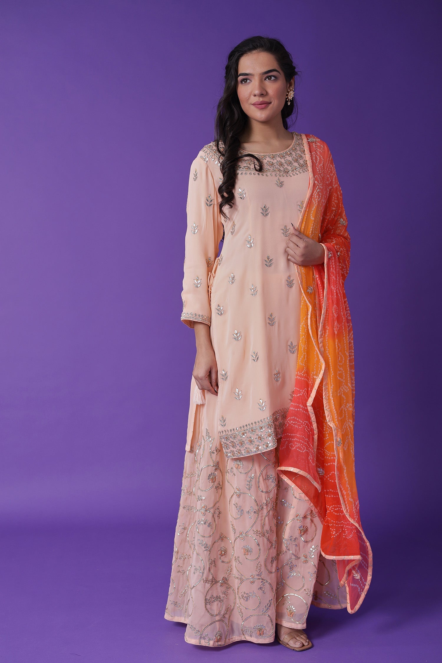 Embroidered Georgette Sharara Suit with Gota Patti work
