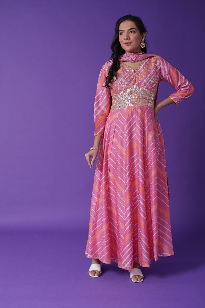 Leheriya Chanderi Anarkali Suit Embroidered with Gota Patti work