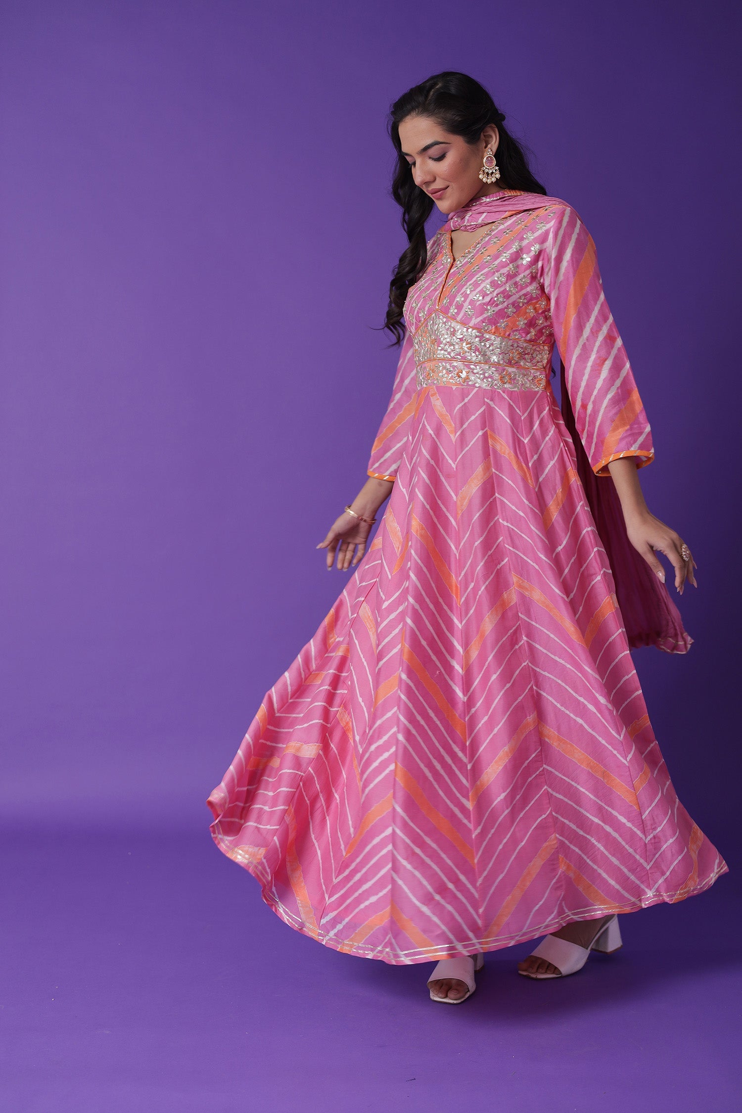 Leheriya Chanderi Anarkali Suit Embroidered with Gota Patti work