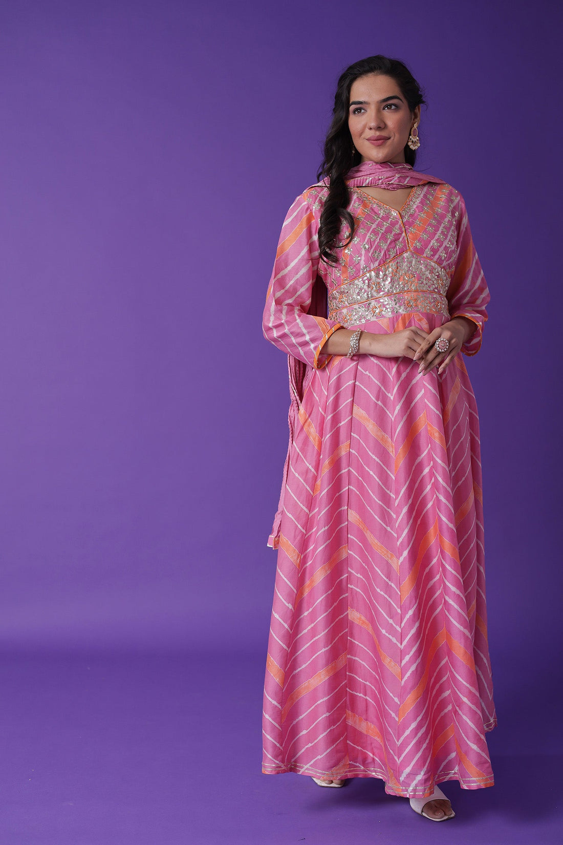 Leheriya Chanderi Anarkali Suit Embroidered with Gota Patti work