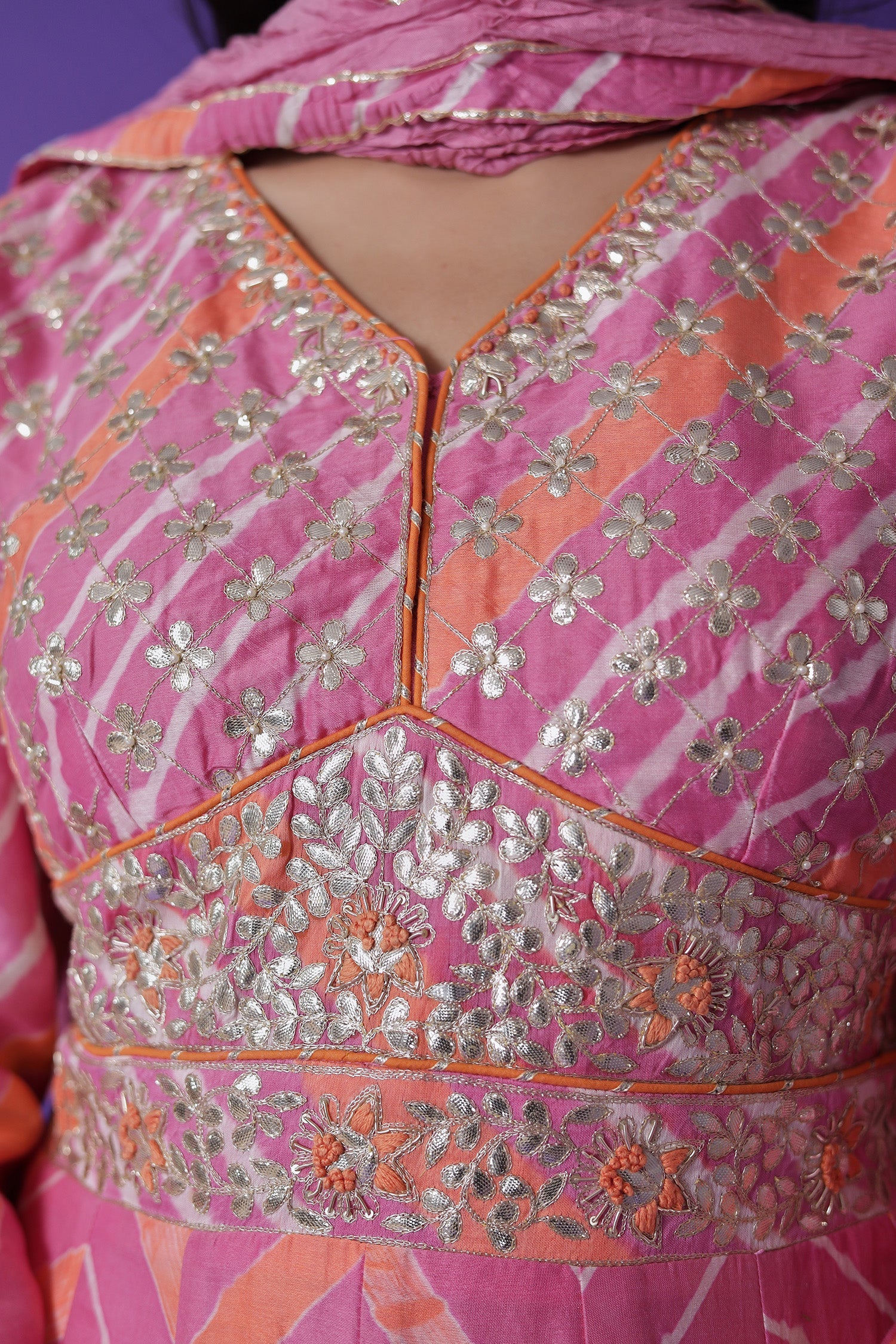 Leheriya Chanderi Anarkali Suit Embroidered with Gota Patti work