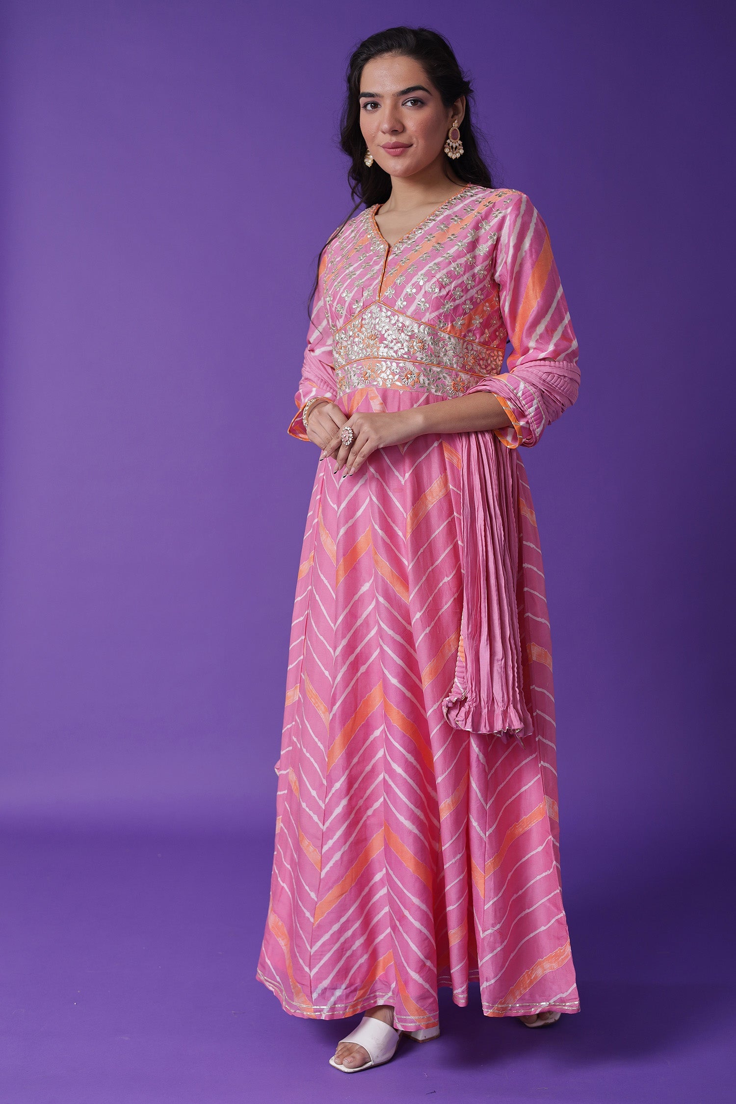 Leheriya Chanderi Anarkali Suit Embroidered with Gota Patti work