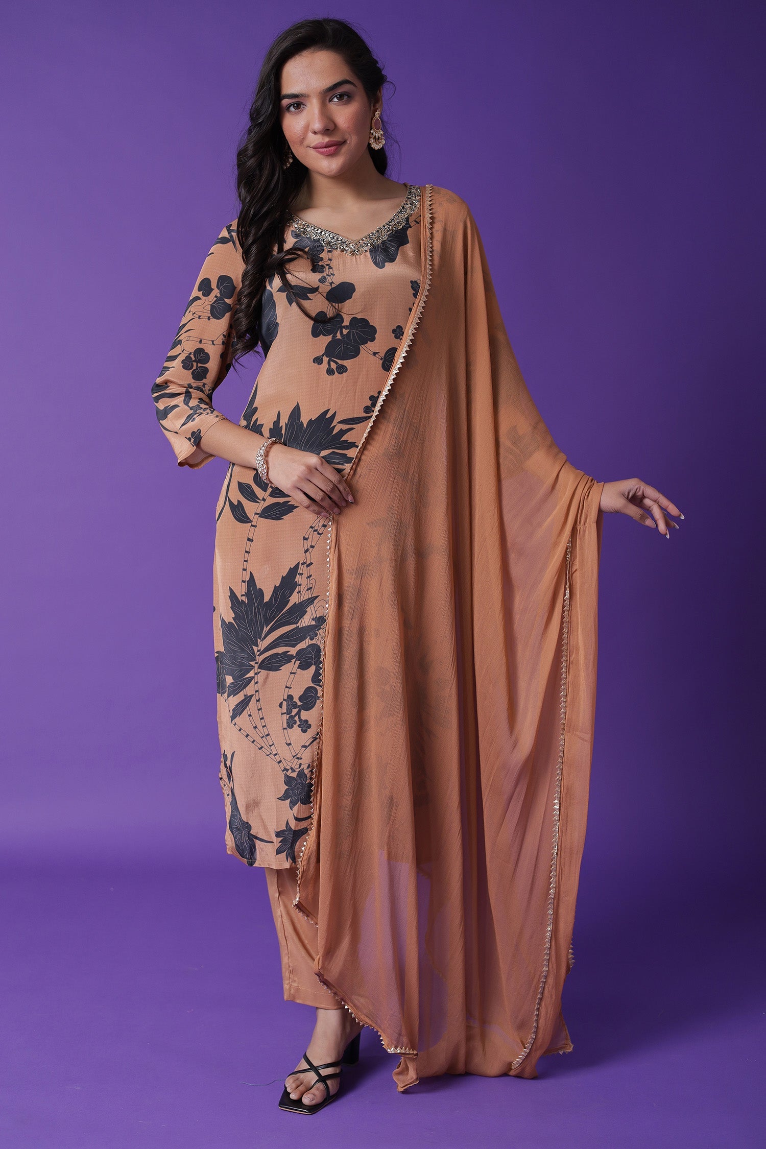 Printed Silk Blend Kurta Set with Embroidered work