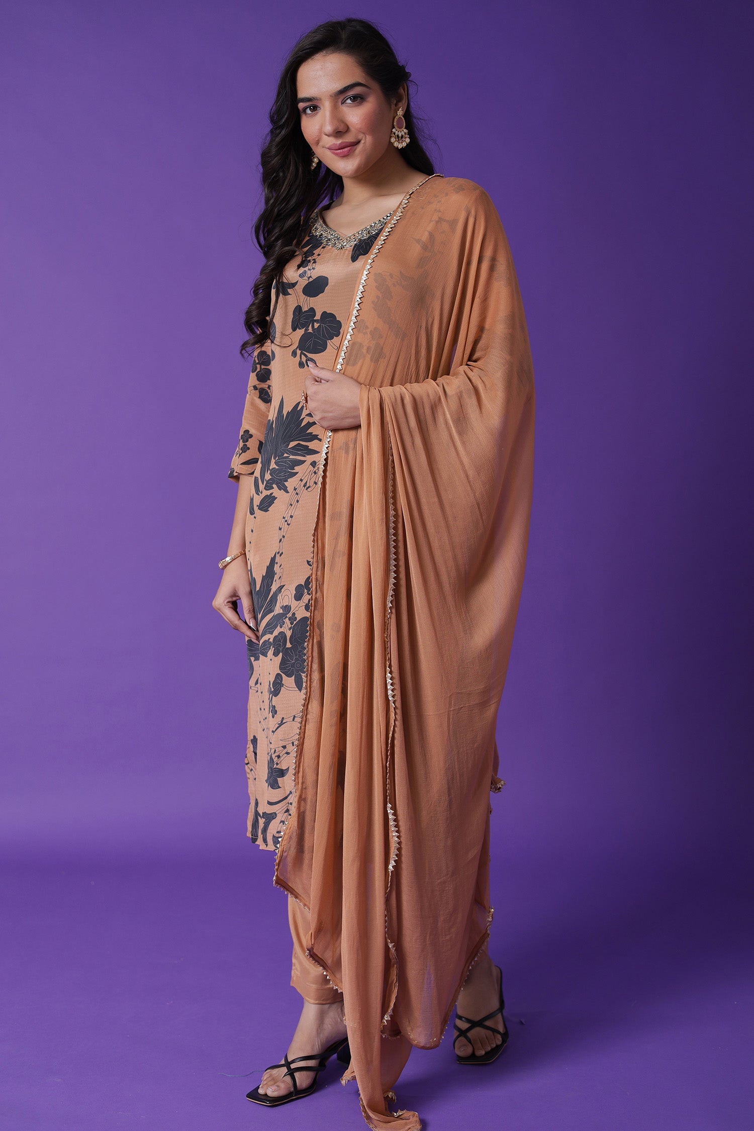 Printed Silk Blend Kurta Set with Embroidered work