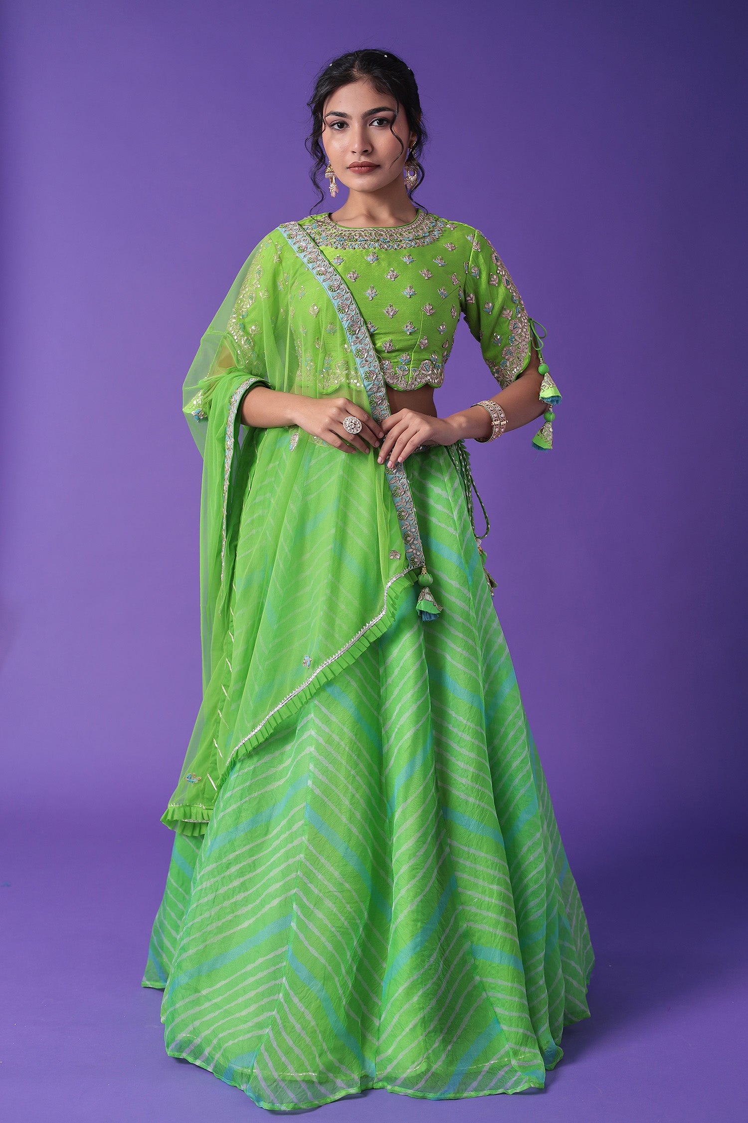 Embroidered Leheriya Organza Lehenga with Dori and Zardozi work