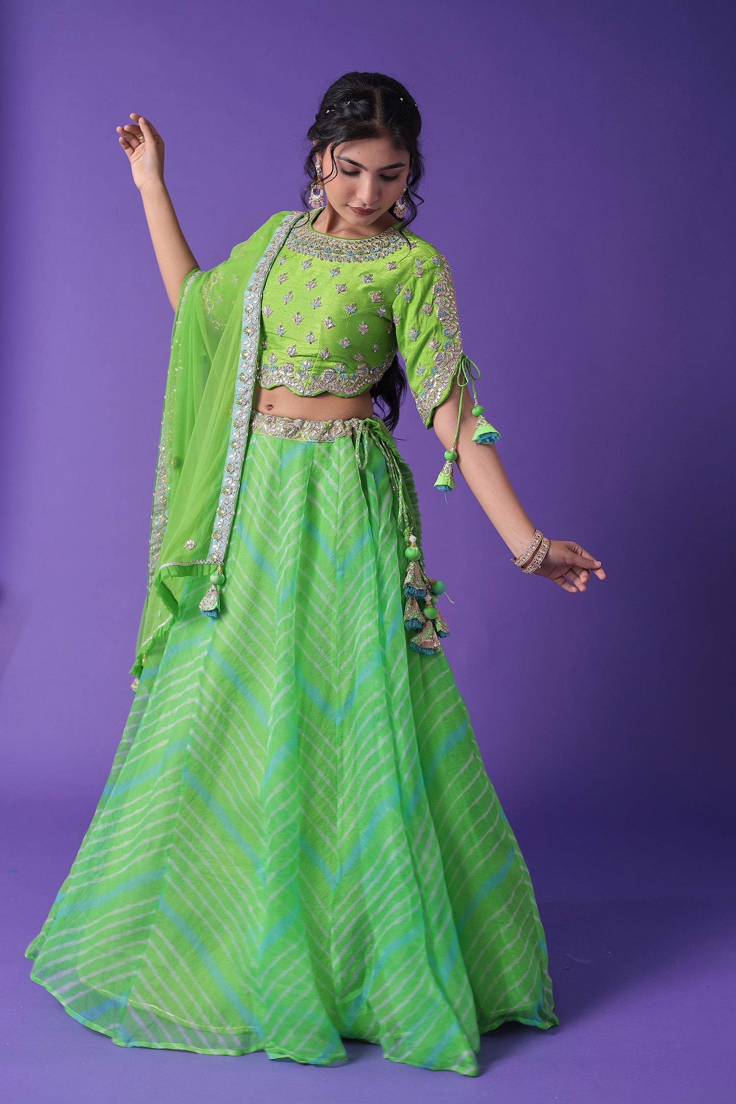 Embroidered Leheriya Organza Lehenga with Dori and Zardozi work