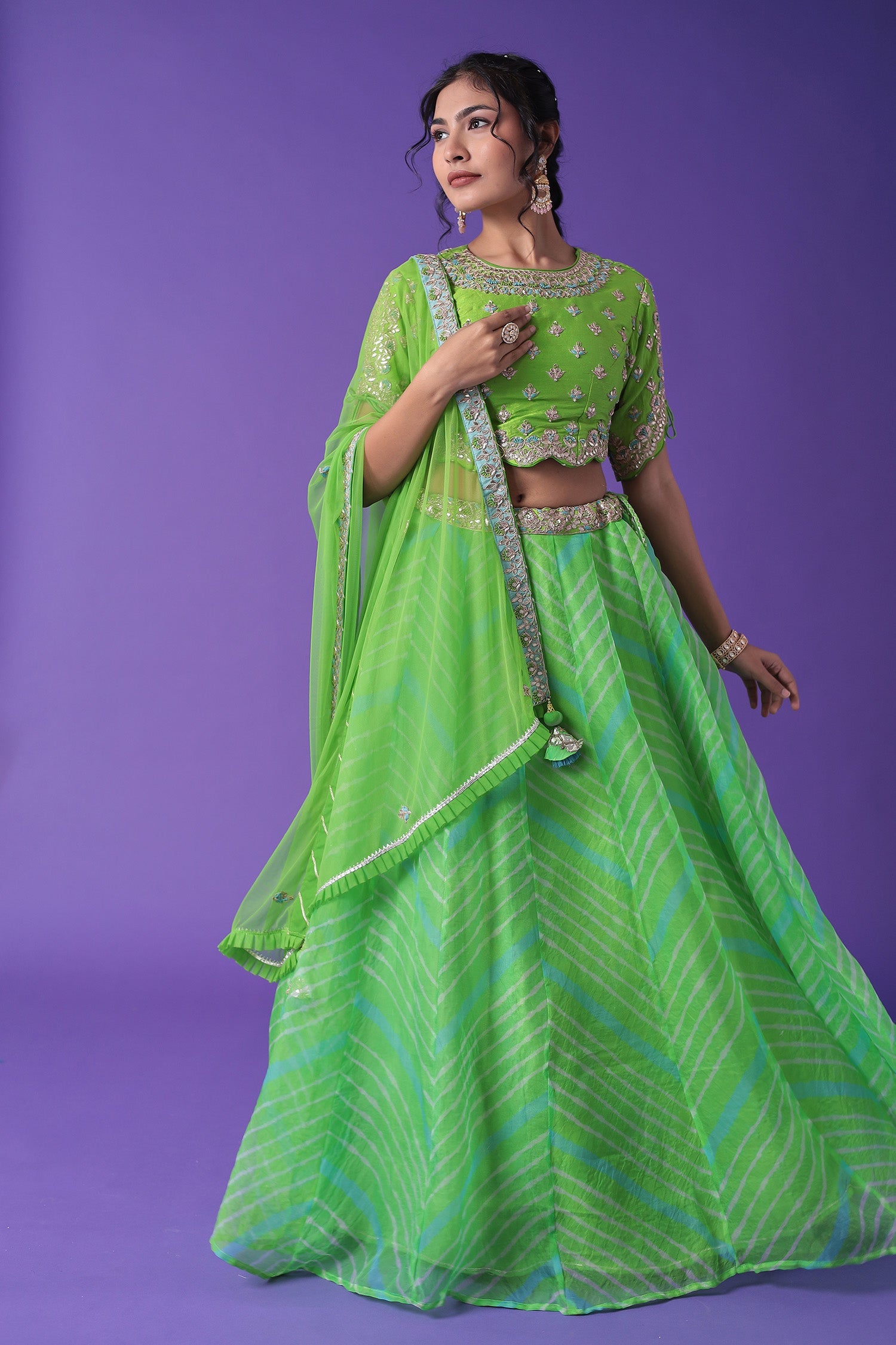 Embroidered Leheriya Organza Lehenga with Dori and Zardozi work