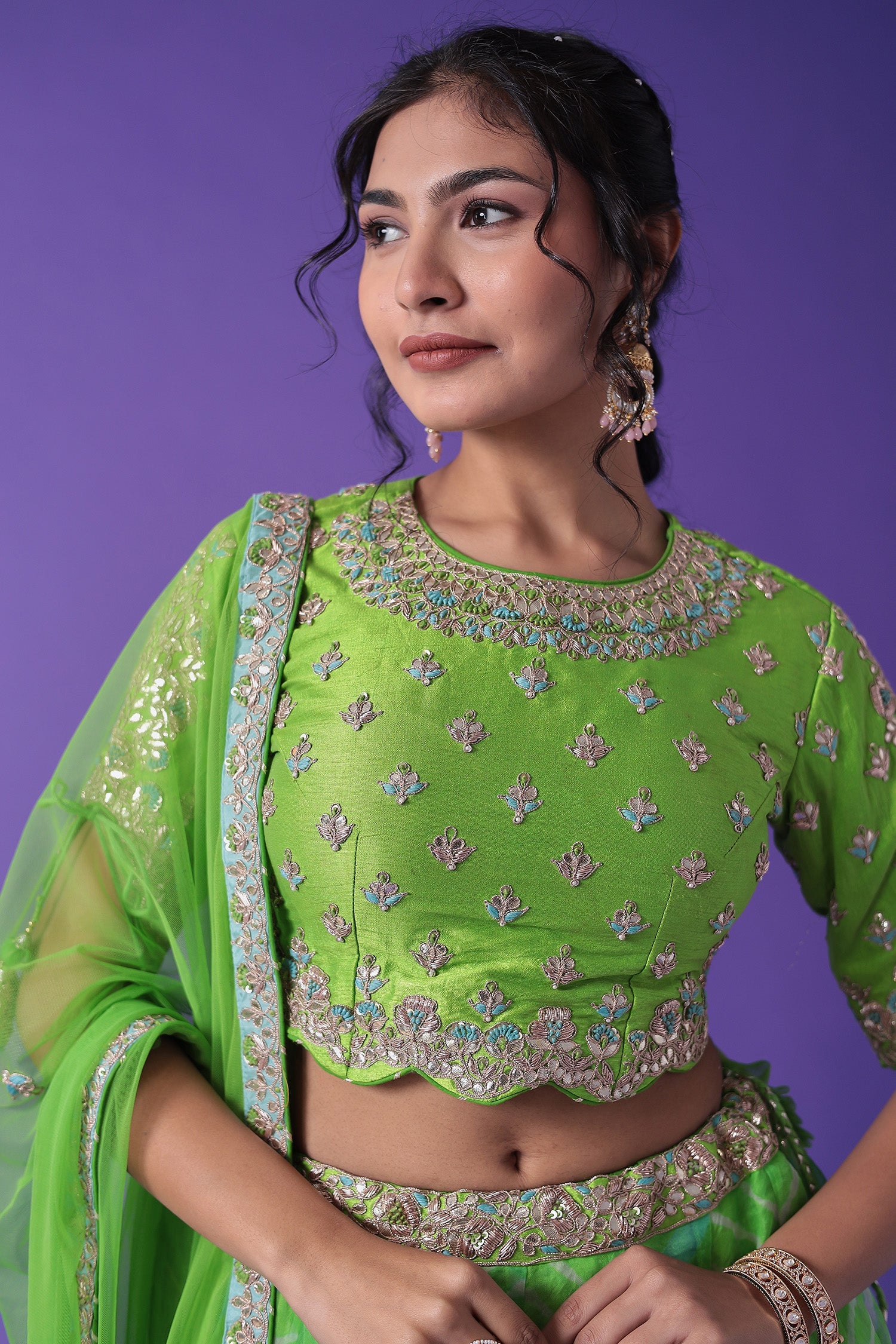 Embroidered Leheriya Organza Lehenga with Dori and Zardozi work