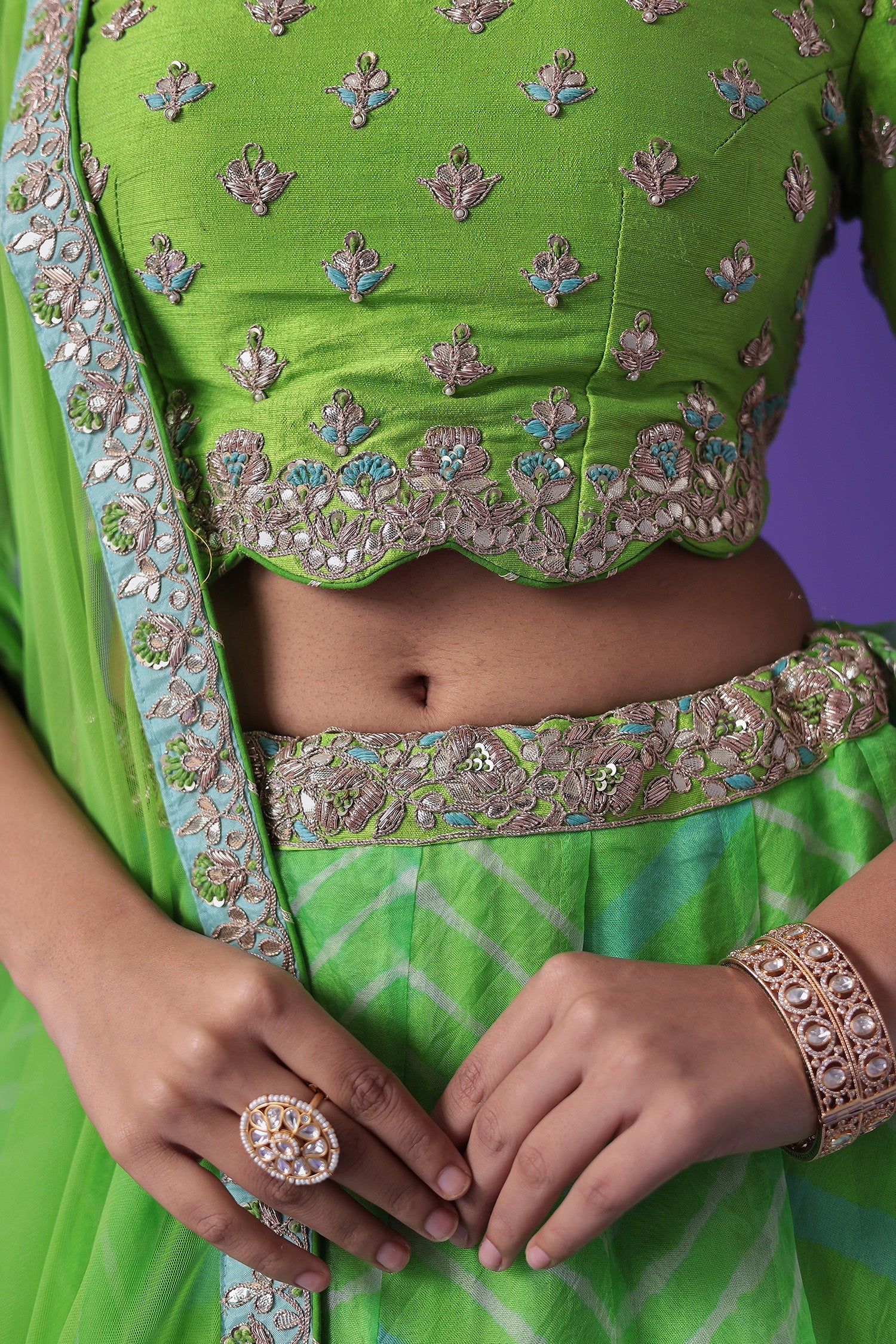 Embroidered Leheriya Organza Lehenga with Dori and Zardozi work