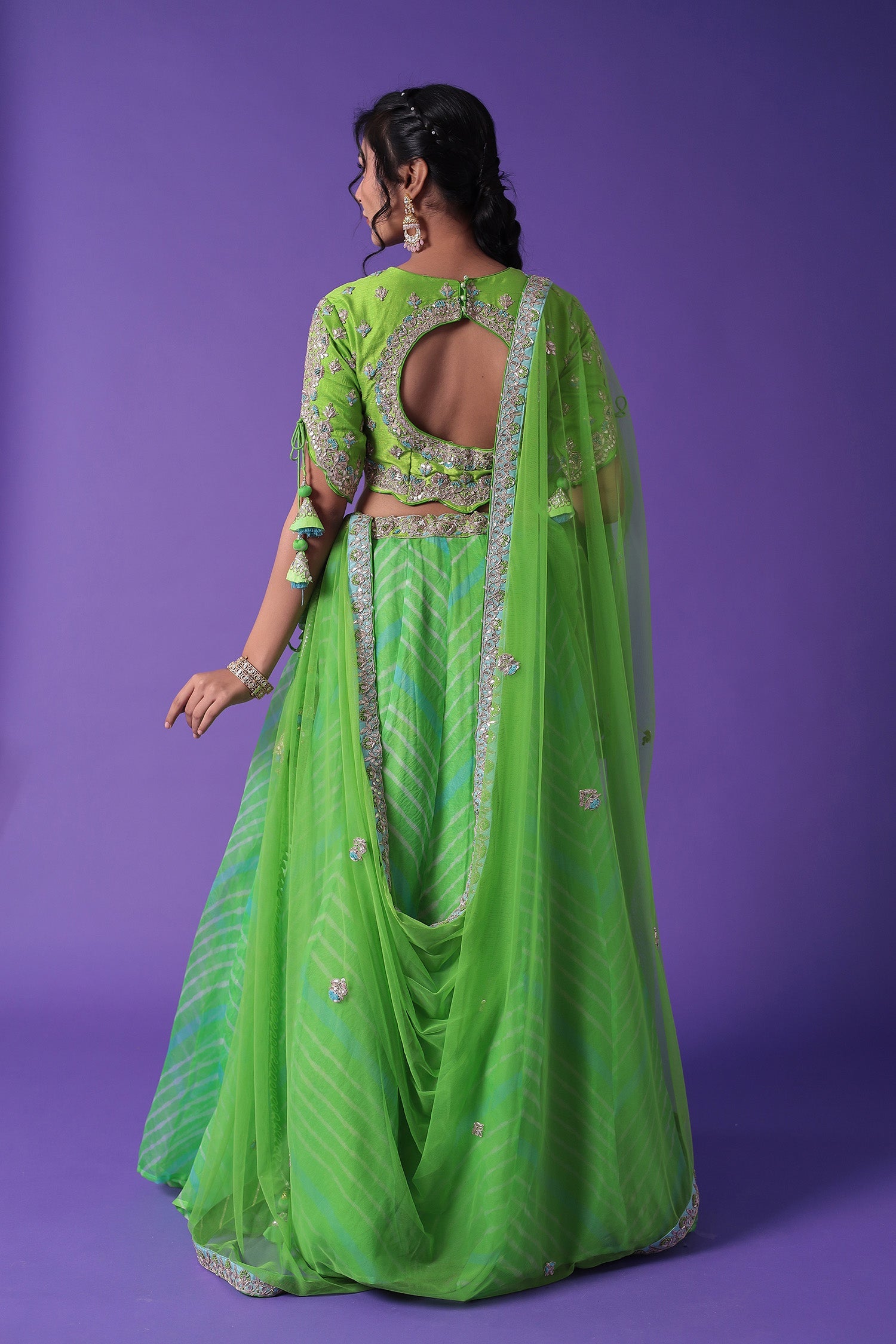 Embroidered Leheriya Organza Lehenga with Dori and Zardozi work