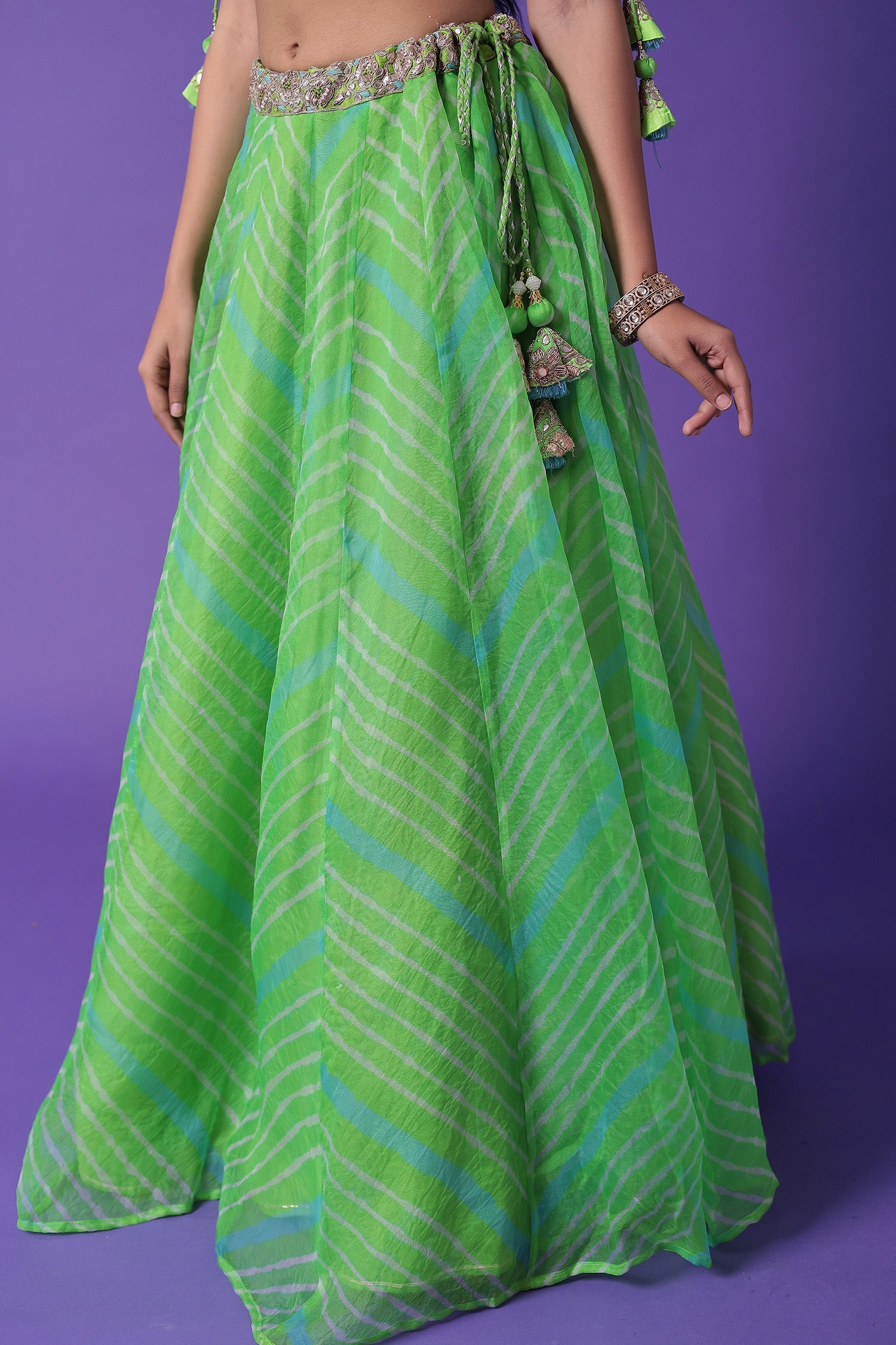 Embroidered Leheriya Organza Lehenga with Dori and Zardozi work